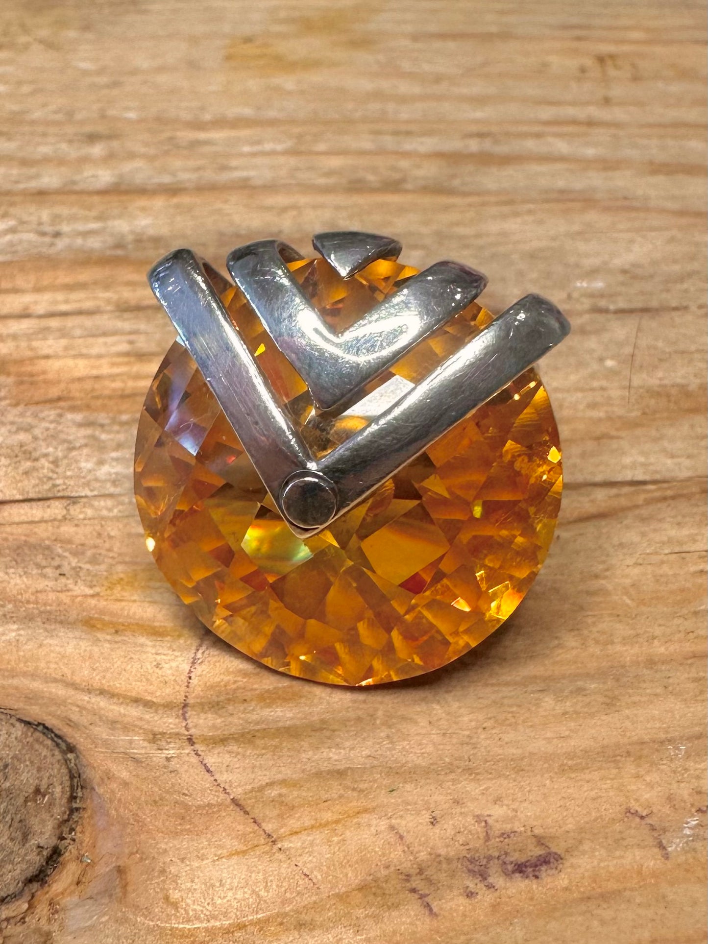 Modernist Large Faceted Citrine Spinning 925 Sterling Silver Size P1/2 Ring