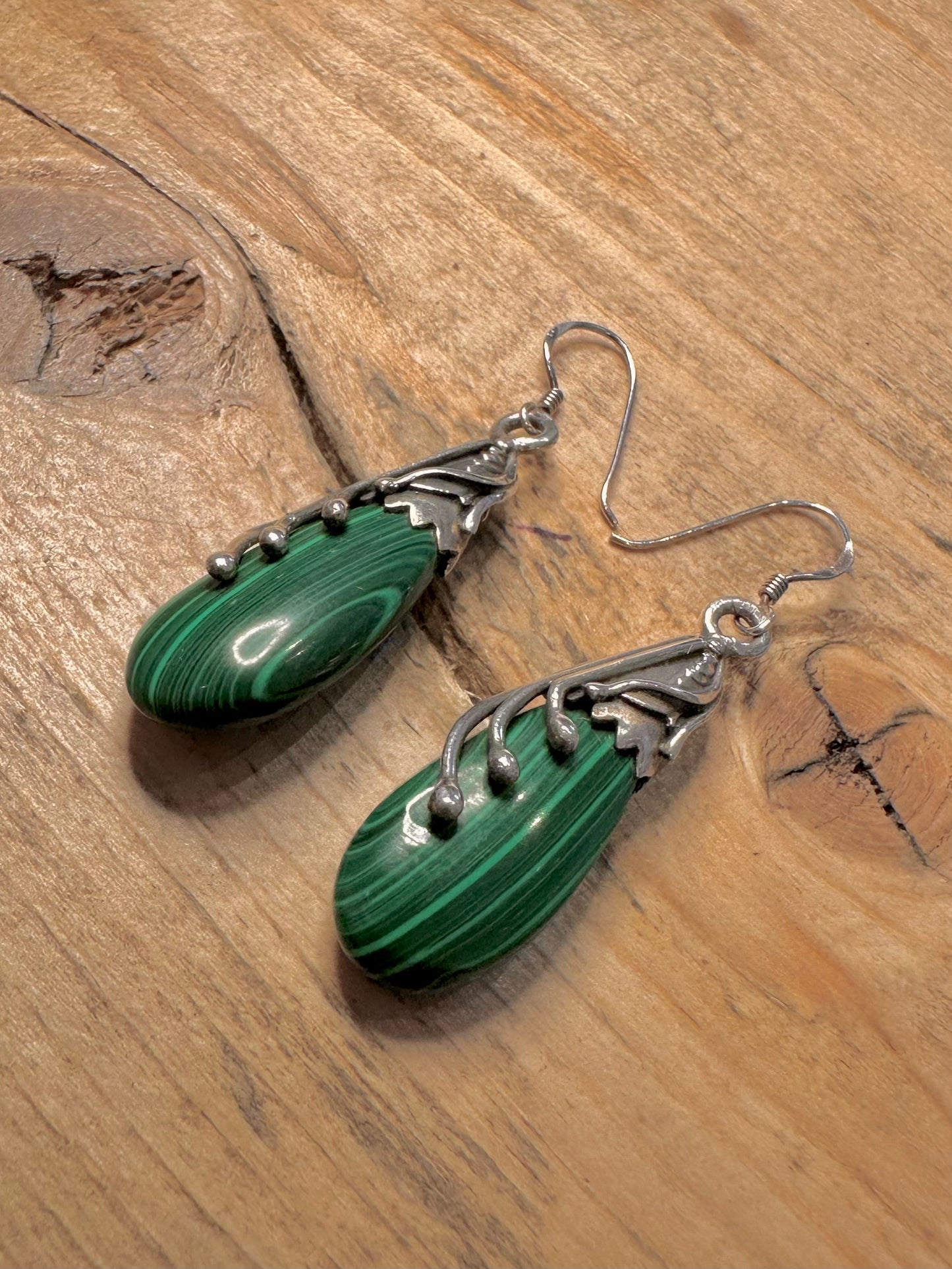 Abstract Malachite Dangle 925 Silver Earrings