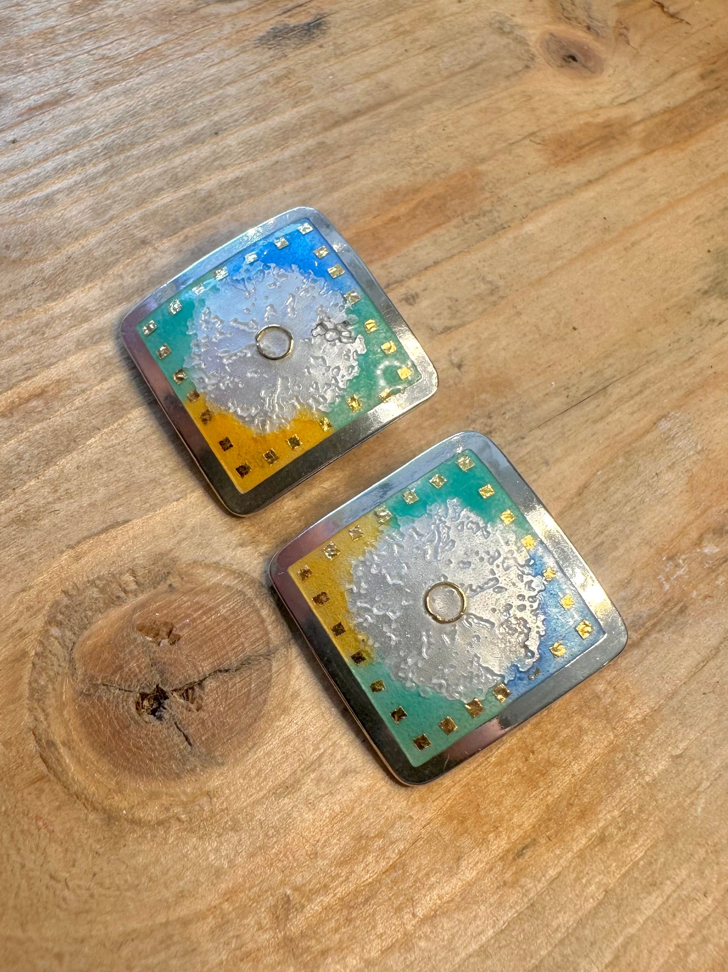 Stunning Enamel and 22k Gold Flower Maker Papalexiou Clip On 925 Sterling Silver Earrings
