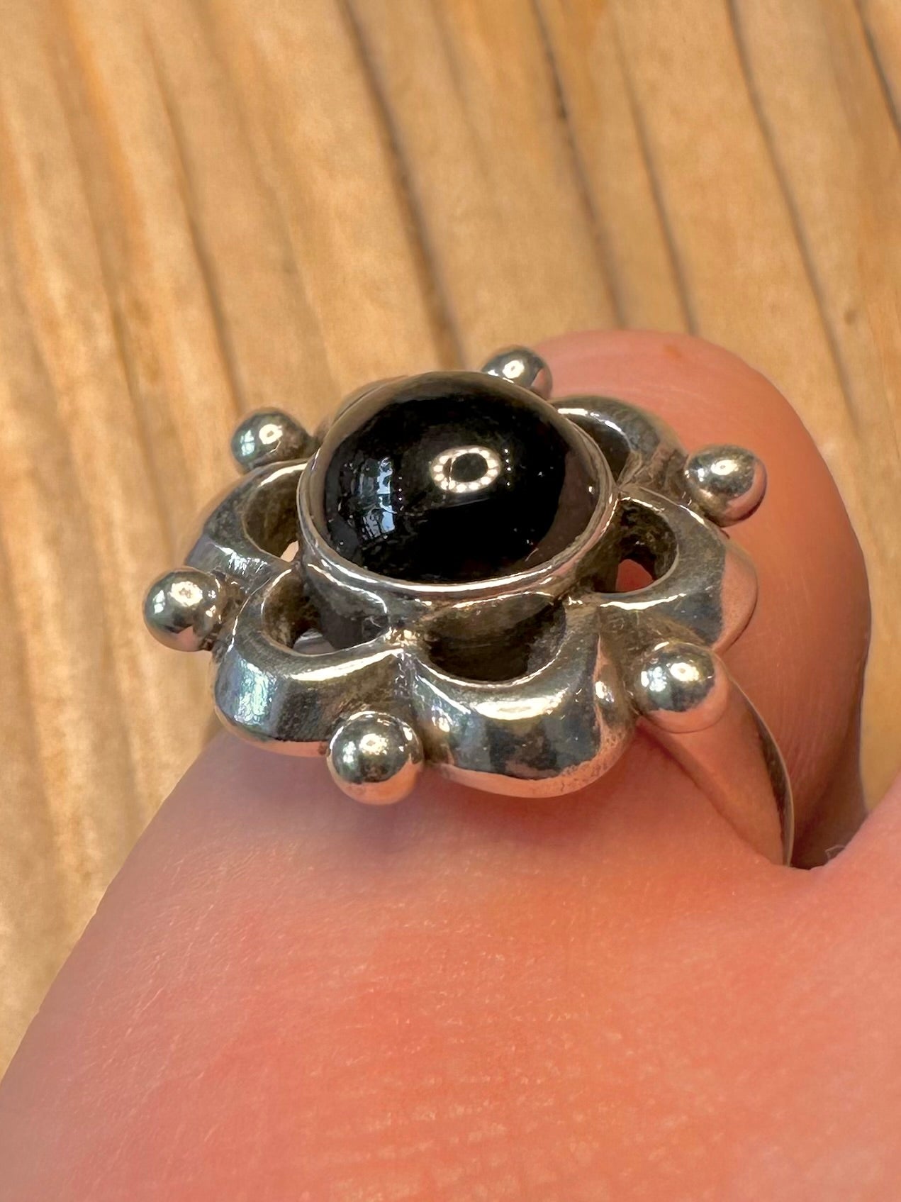 Vintage Black Stone Flower 925 Silver Size N Ring