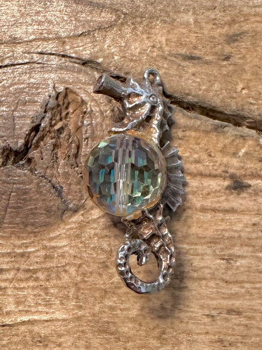 Vintage Seahorse Glass Ball 925 Silver Charm Pendant