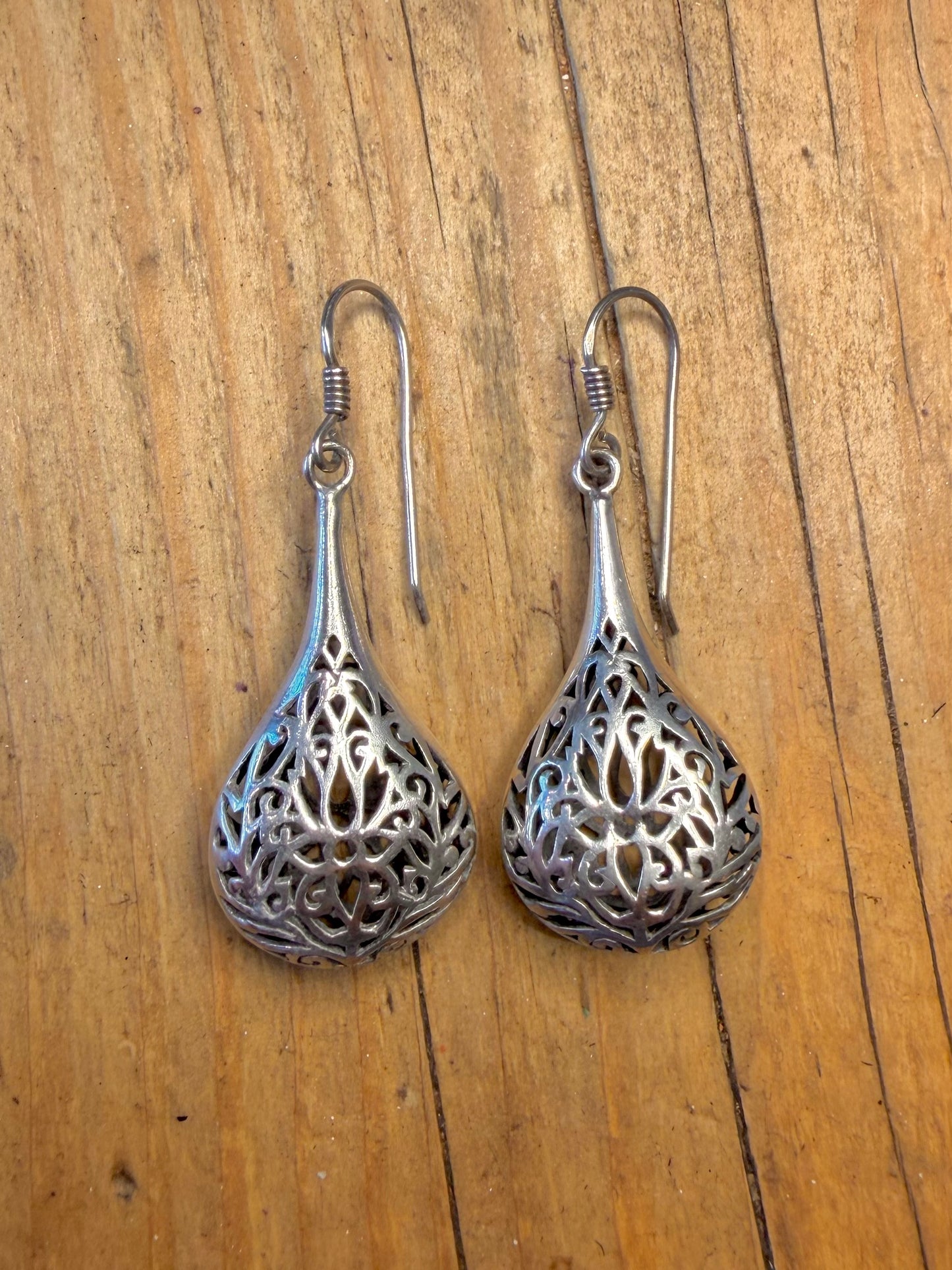 Filigree Teardrop Dangle 925 Sterling Silver Earrings