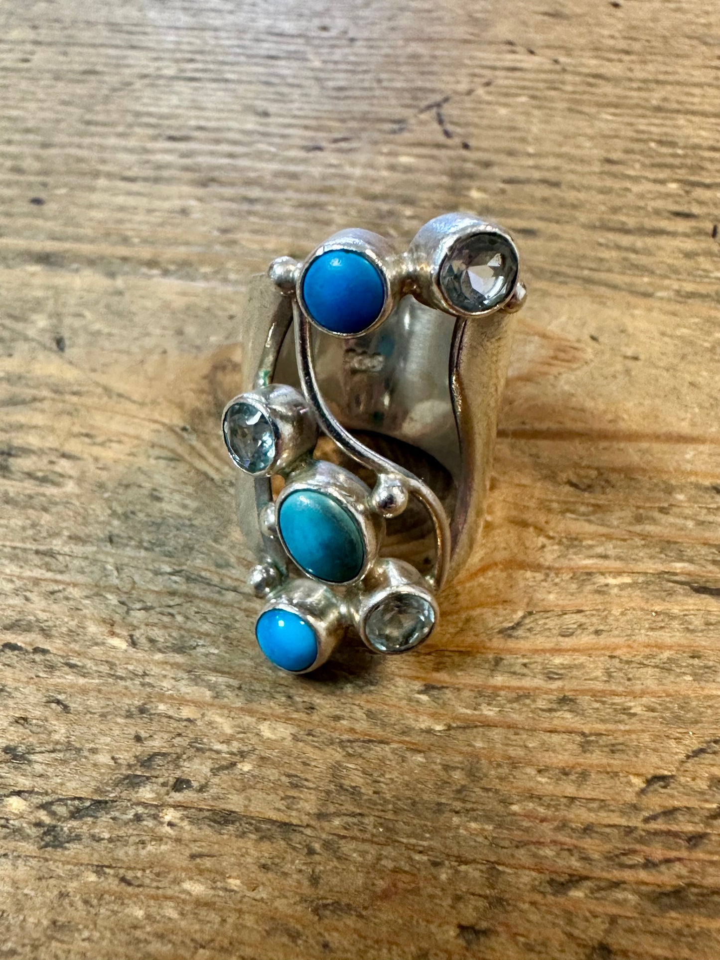 Abstract Blue Stones and Blue Topaz 925 Silver Size M Ring