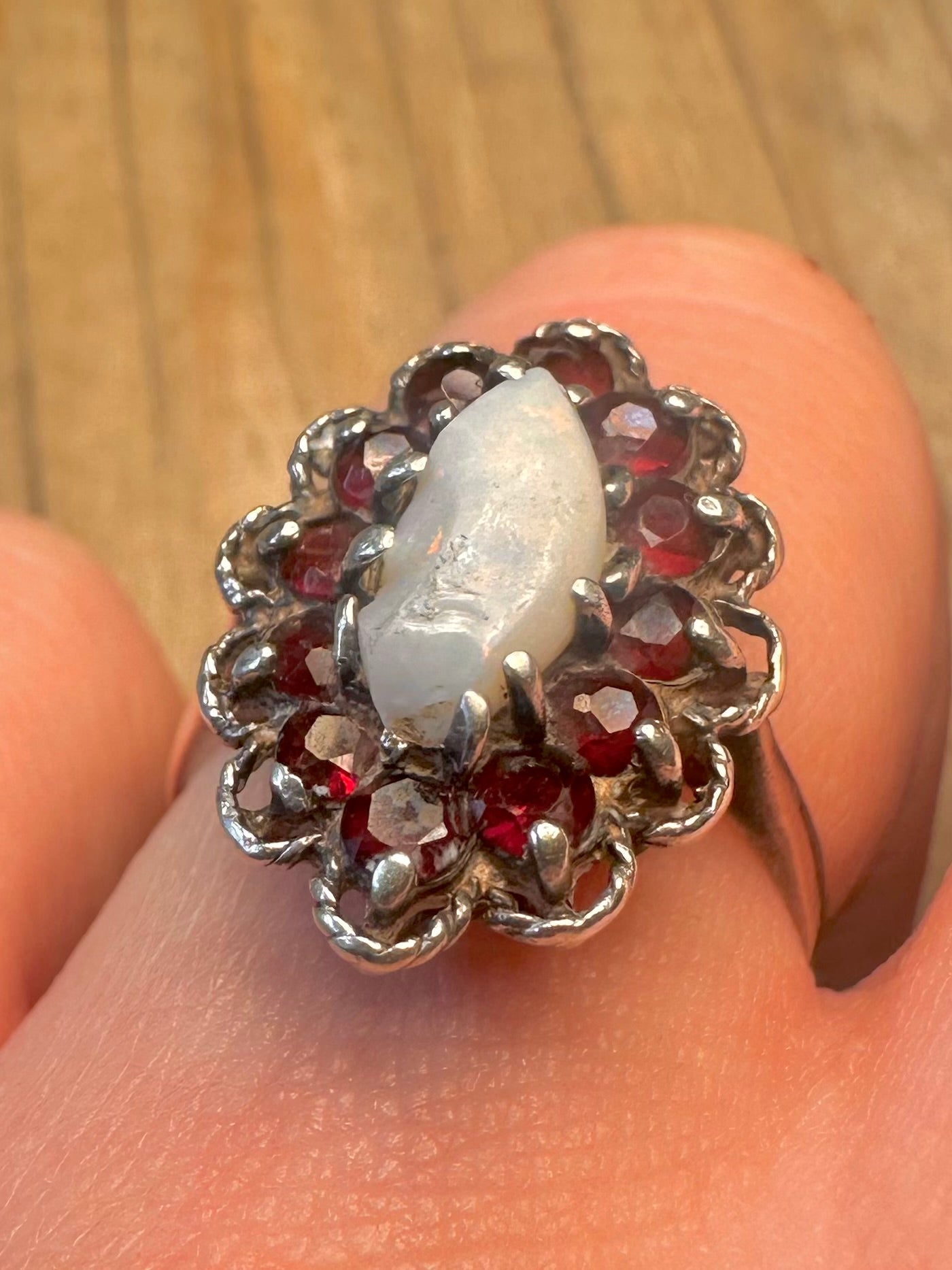 Vintage 1983 Opal and Garnet 925 Sterling Silver Size R Ring