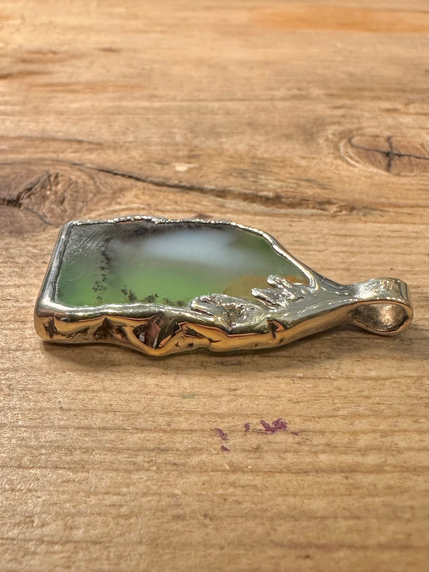 Handmade Green Dendritic Agate 925 Silver Gold Pendant