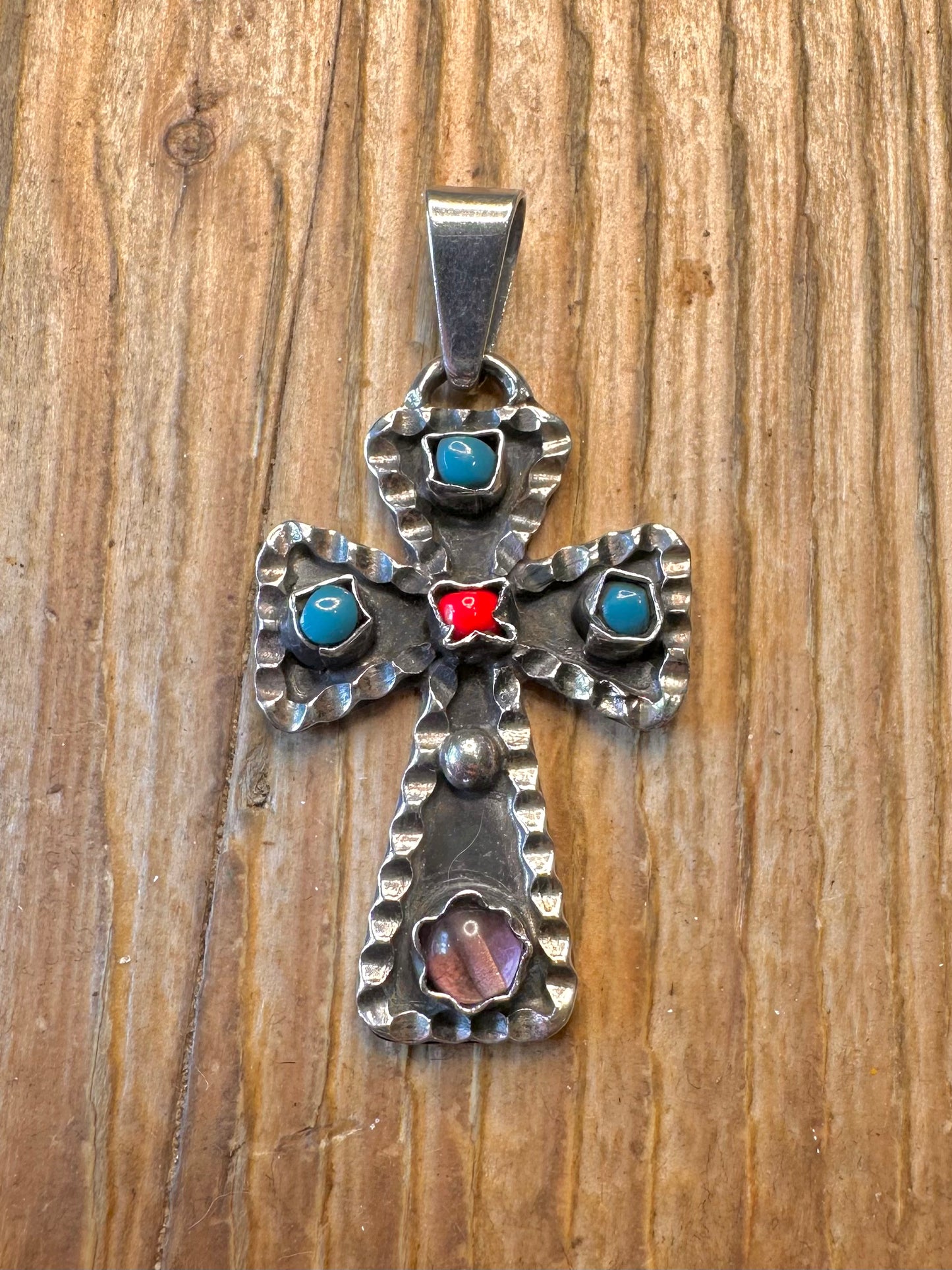 Turquoise Coral Amethyst 1994 Cross 925 Sterling Silver Pendant