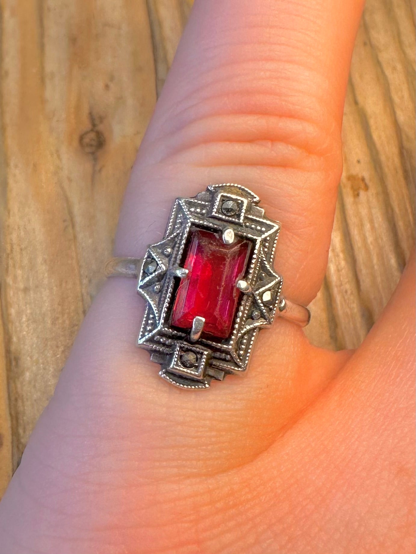 Art Deco Red Stone and Marcasite 935 Silver Size M Ring