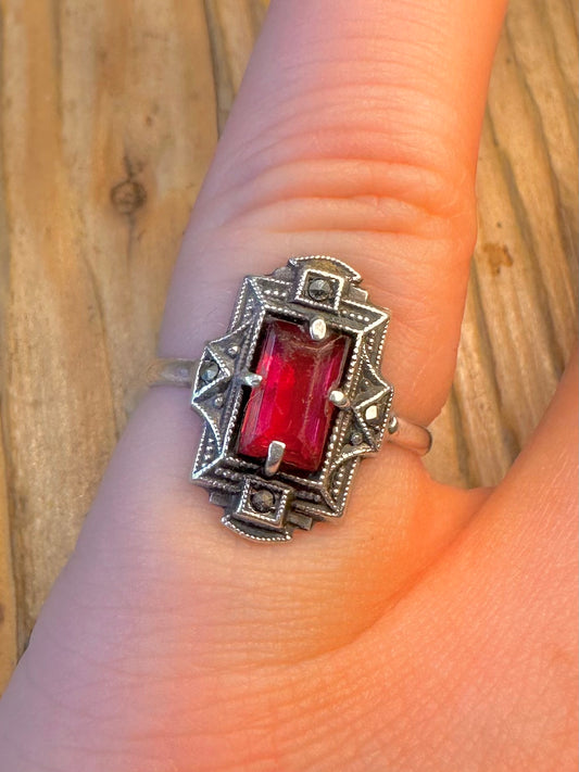 Art Deco Red Stone and Marcasite 935 Silver Size M Ring