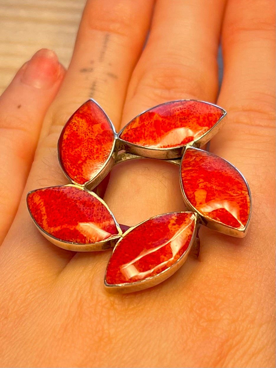 Large Coral Flower 925 Sterling Silver Size R/S Ring