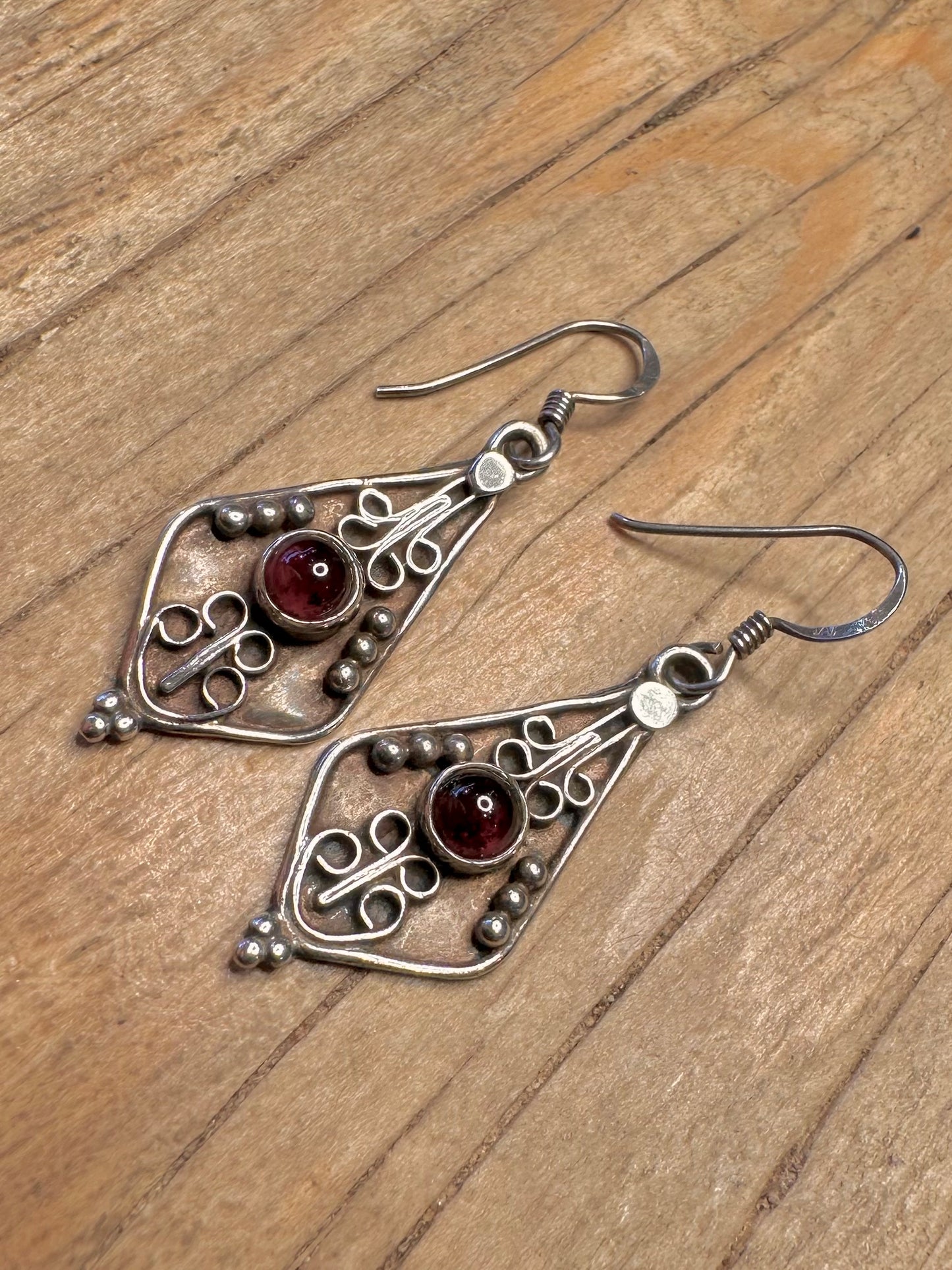 Vintage Garnet Boho 925 Sterling Silver Earrings