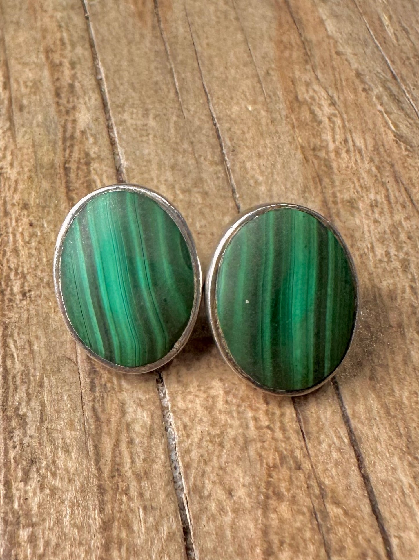 Vintage Malachite Oval Stud 925 Sterling Silver Earrings