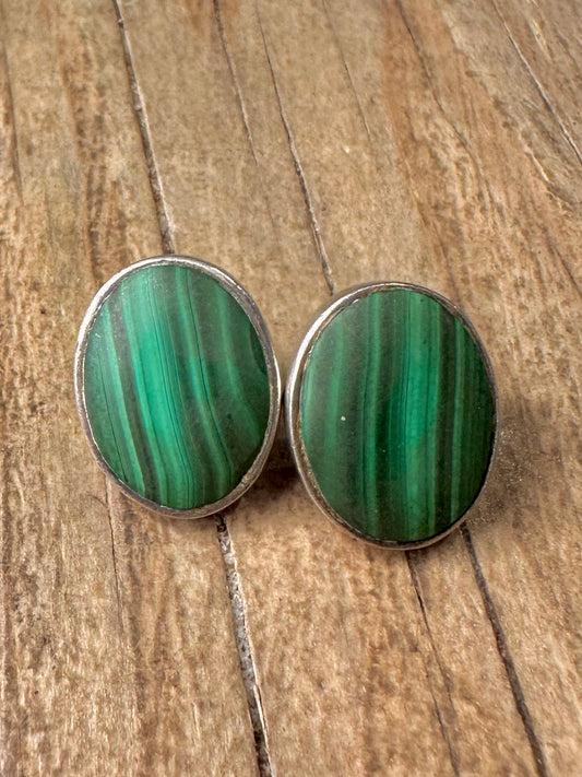 Vintage Malachite Oval Stud 925 Sterling Silver Earrings