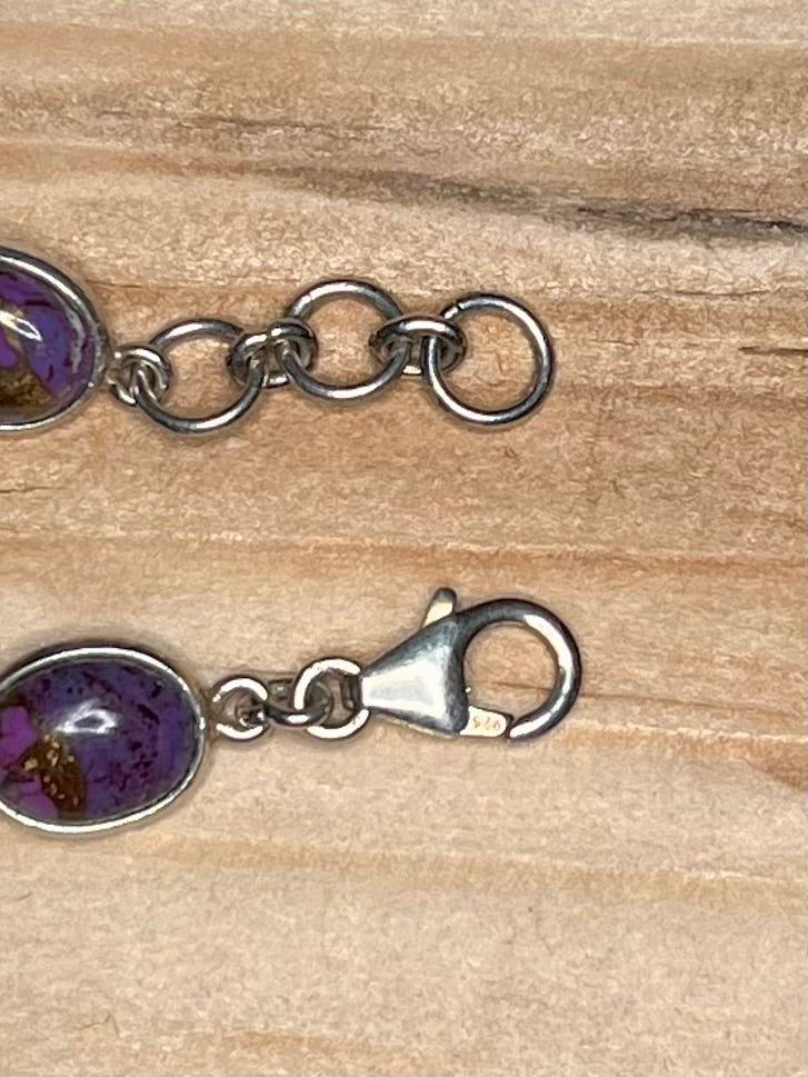 Purple Turquoise Oval Link 925 Sterling Silver 7.5 to 8.2 Bracelet