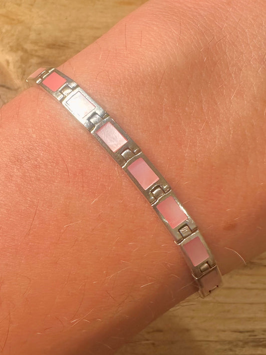 Abstract Pink Mother of Pearl Rectangle 925 Silver 7.5 inch Bracelet