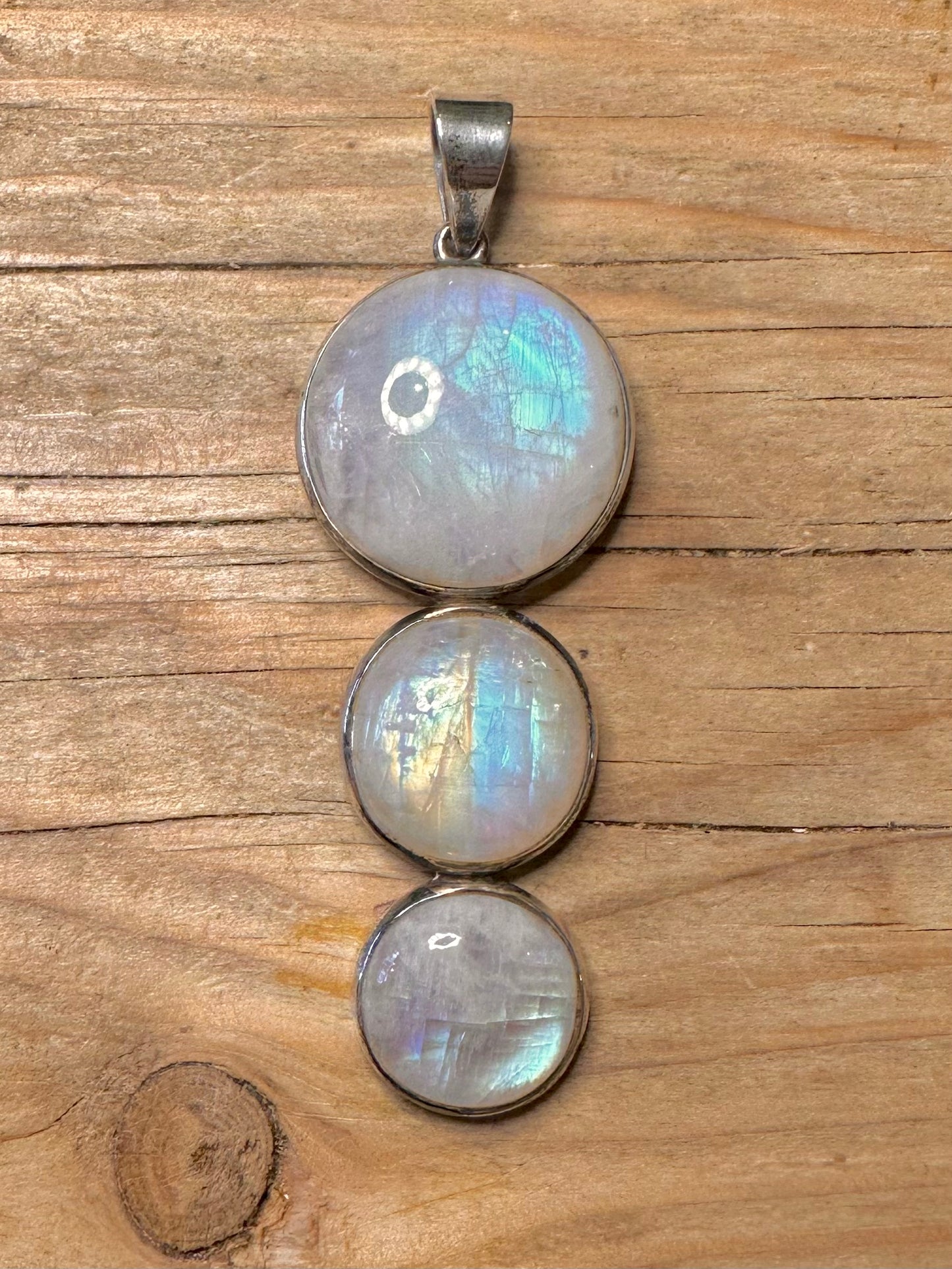 Vintage Trio Moonstone Circle 925 Sterling Silver Pendant