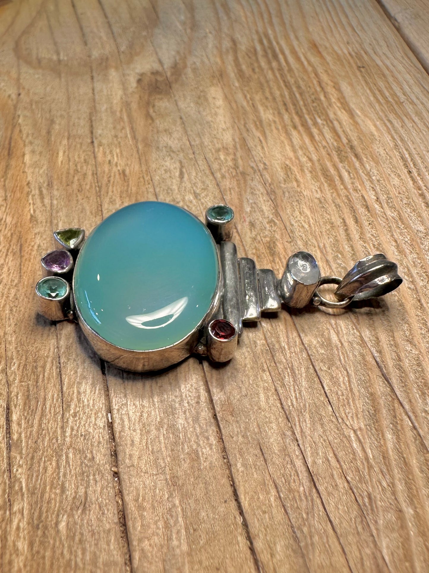Vintage Blue Chalcedony and Multi Gemstone 925 Sterling Silver Pendant
