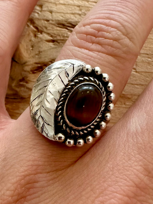 Vintage Navajo Tigers Eye Leaf 925 Silver Size Q Ring