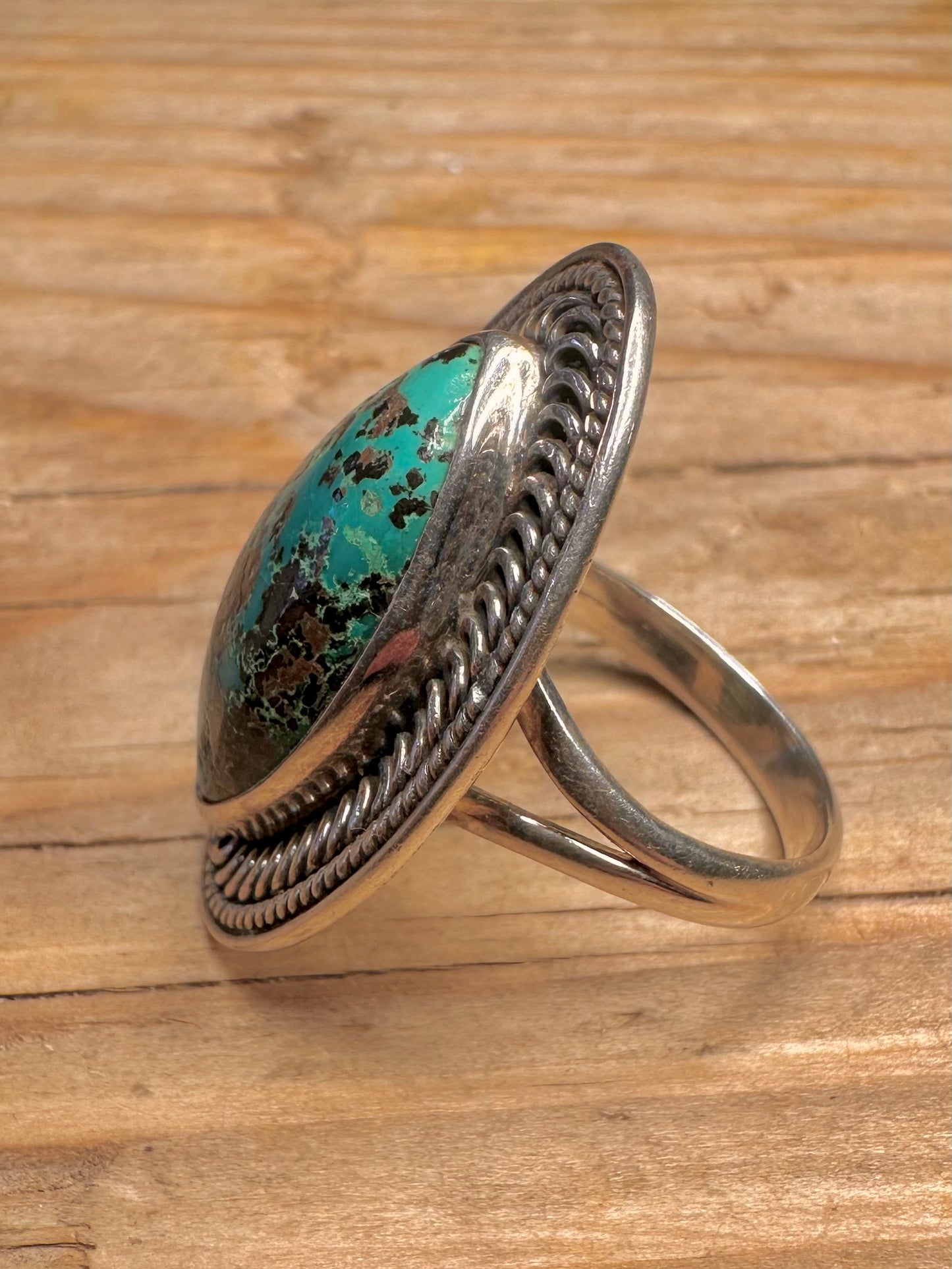 Vintage Turquoise Rope Border Design 925 Sterling Silver Size P1/2 Ring