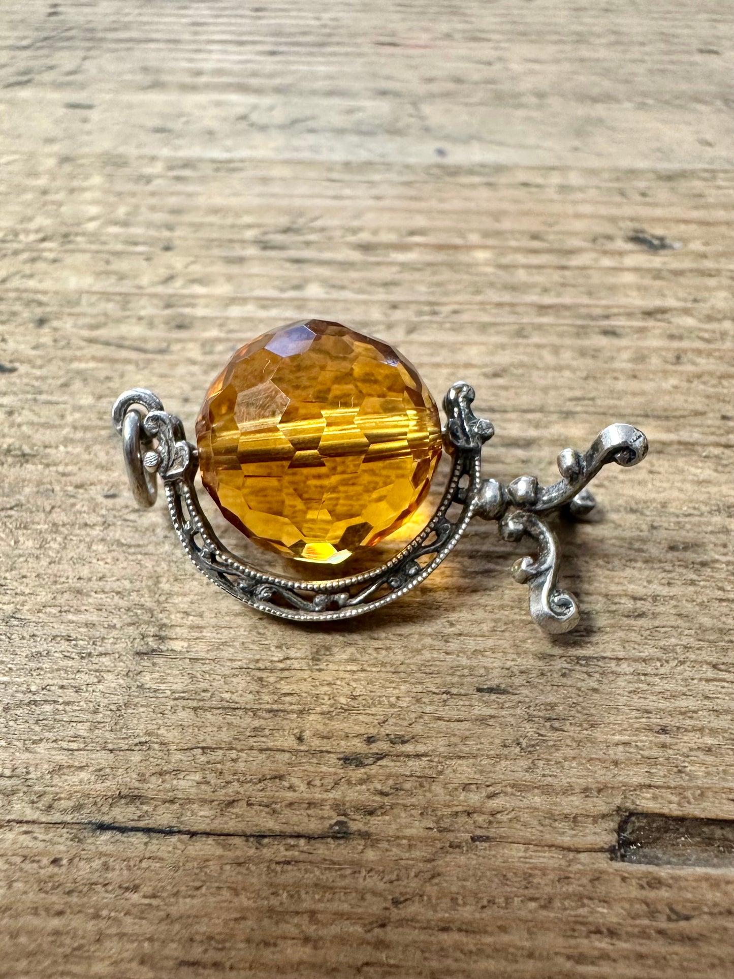 Vintage Crystal Orange Globe Silver Charm Pendant