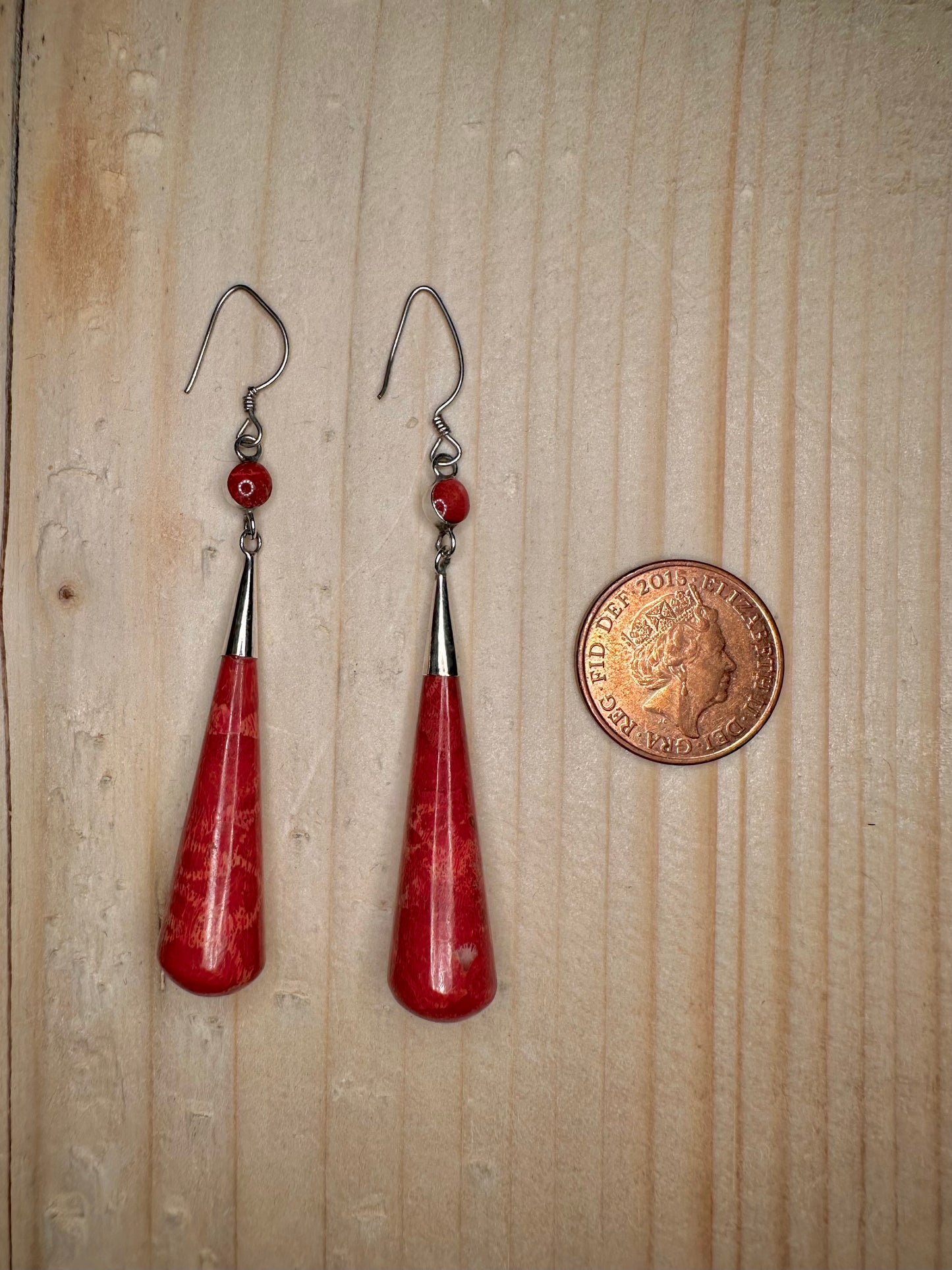 Red Coral Long Teardrop 925 Sterling Silver Earrings