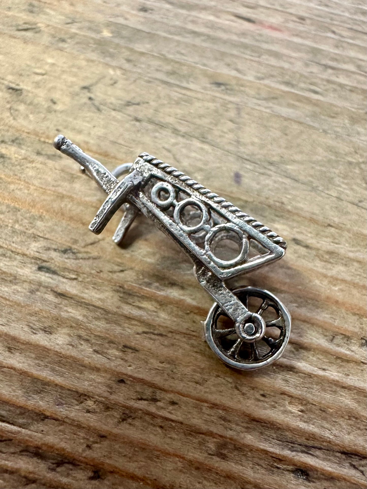 Vintage Filigree Wheelbarrow Moving Wheel Silver Charm Pendant