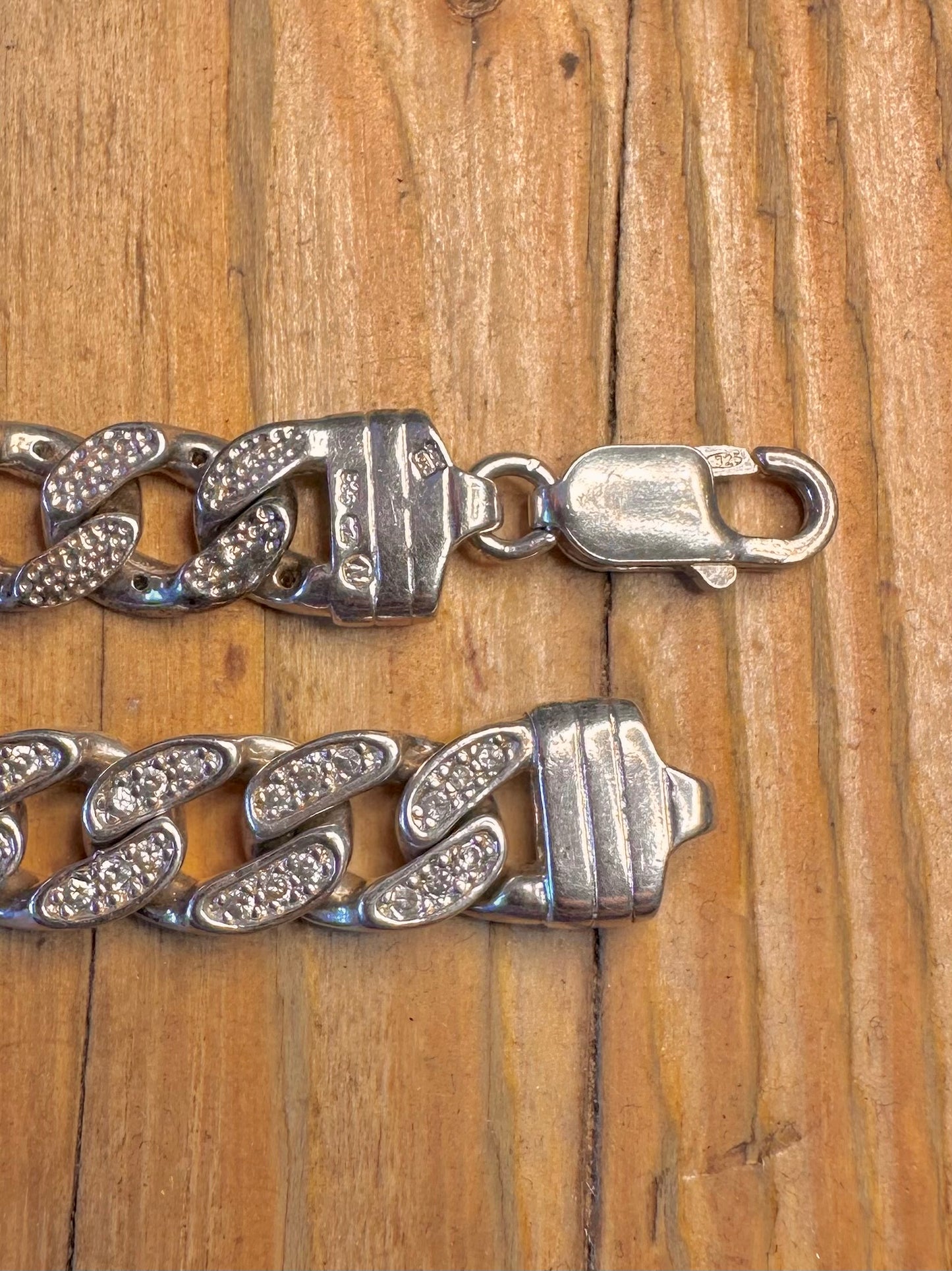 Curb Chain CZ White Stones 925 Sterling Silver 8.5 inch Bracelet