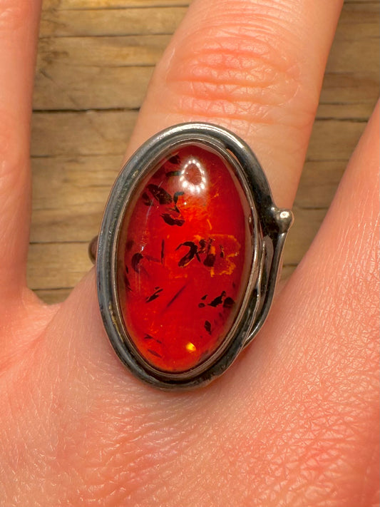 Vintage Oval Amber 925 Sterling Silver Size N Ring