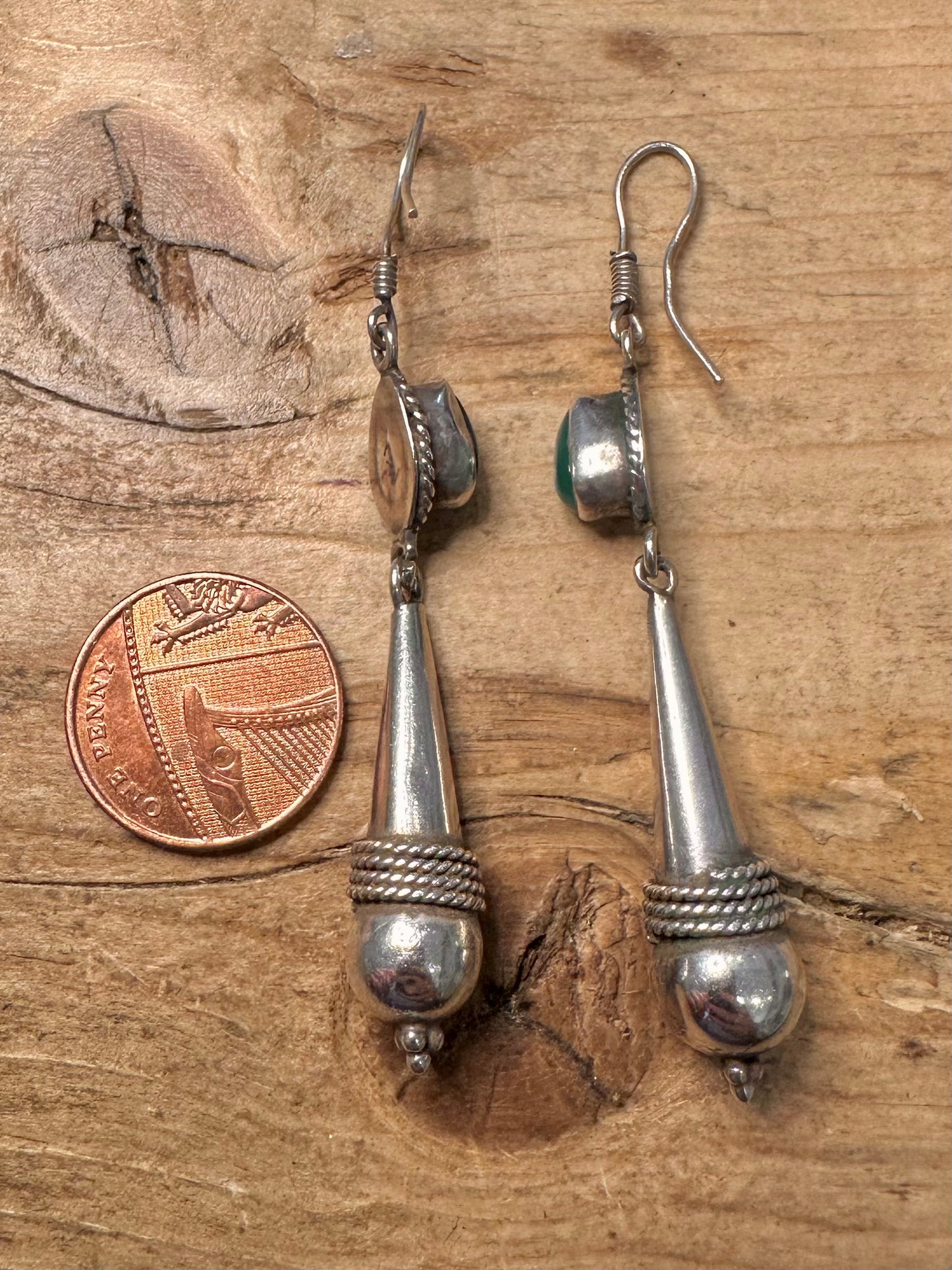 Vintage Chrysoprase Boho Dangle 925 Silver Earrings