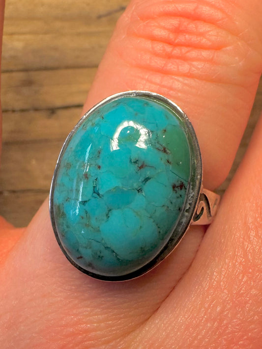 Vintage Navajo Style Oval Turquoise and Marcasite Detail Design 925 Sterling Silver Size P Ring