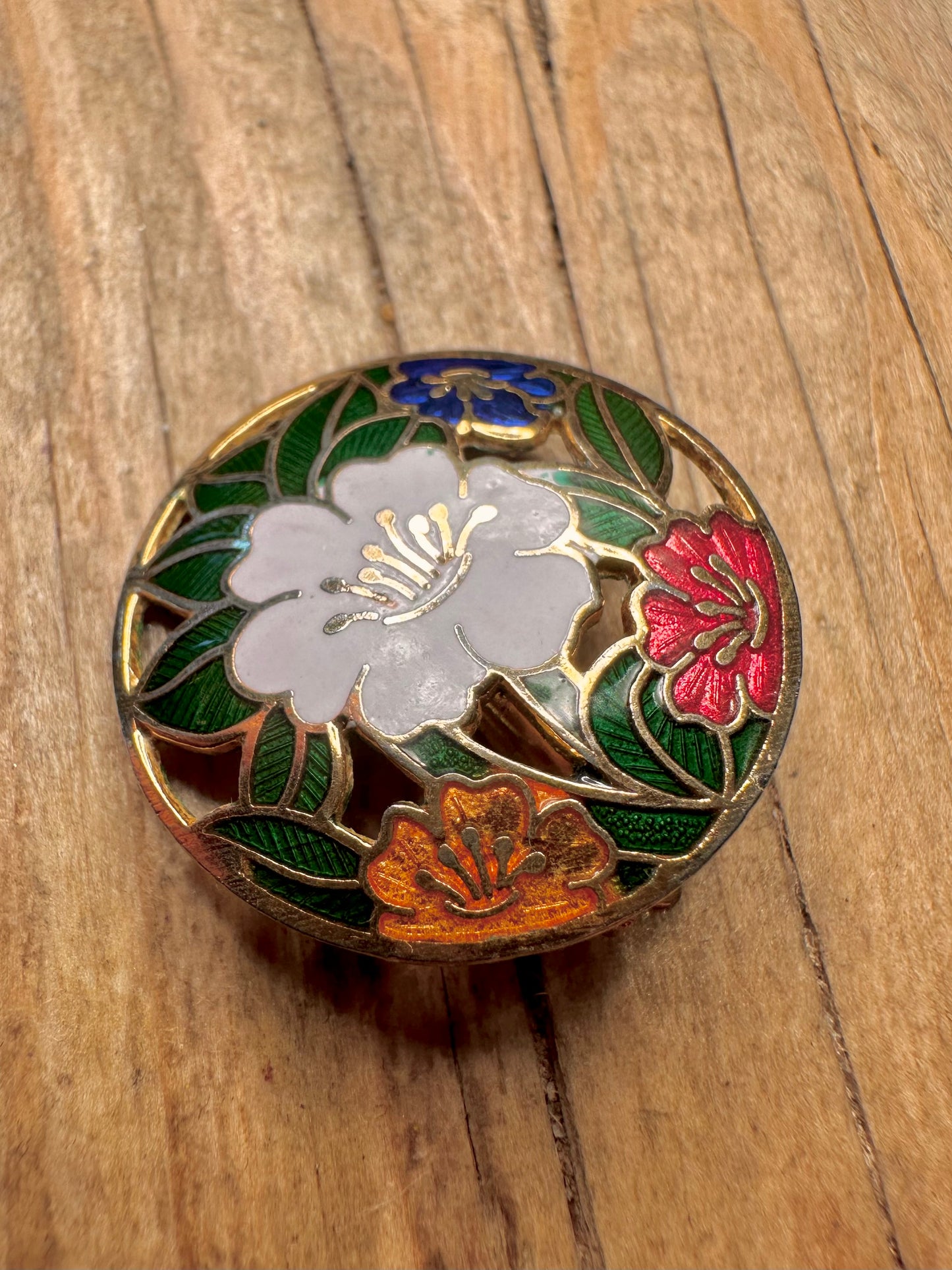 Vintage Cloisonné Enamel Flower Circle Gold Tone Clip On Costume Earrings