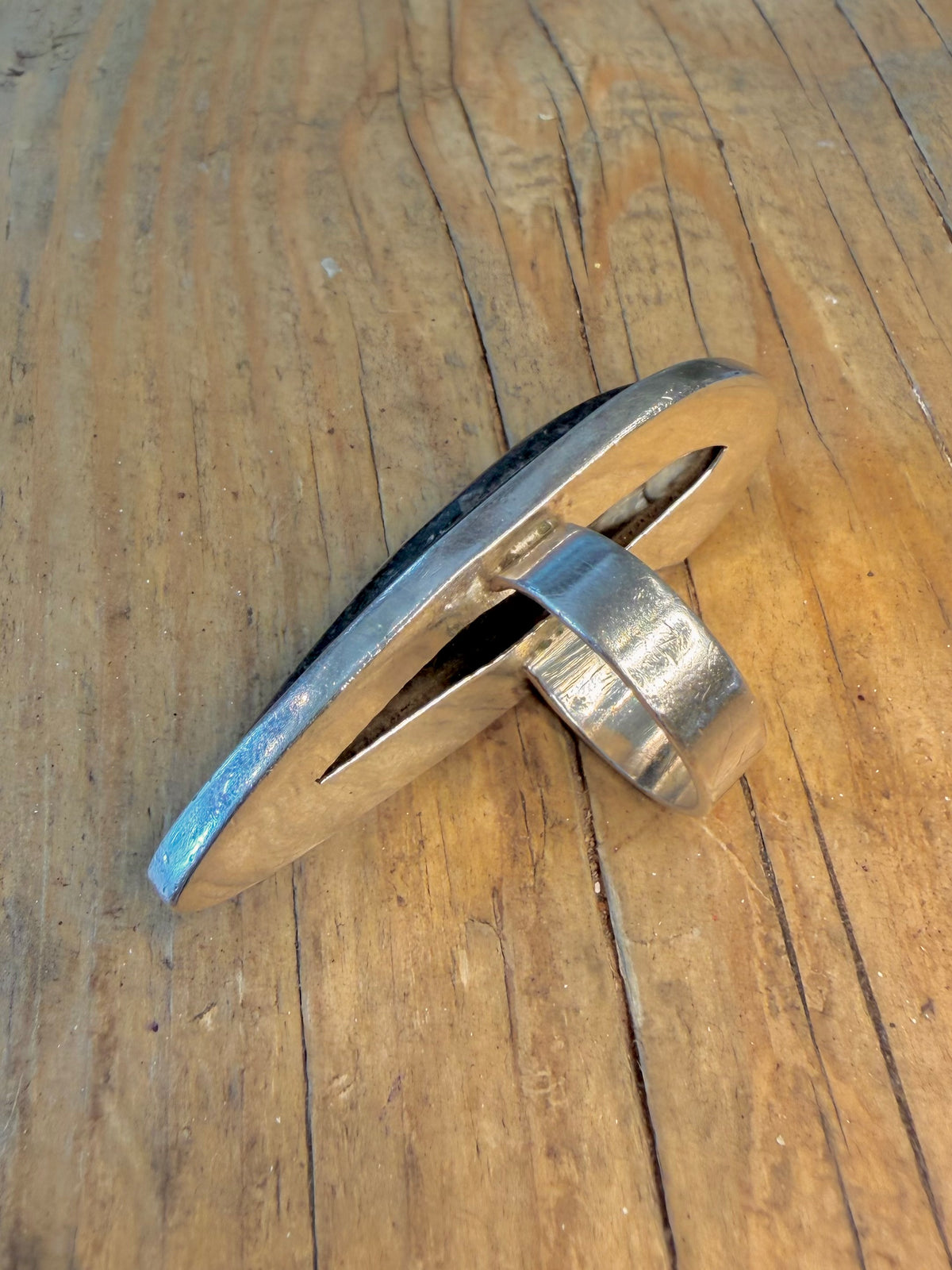 Large Orthoceras Fossil Black and White 925 Sterling Silver Size P Ring