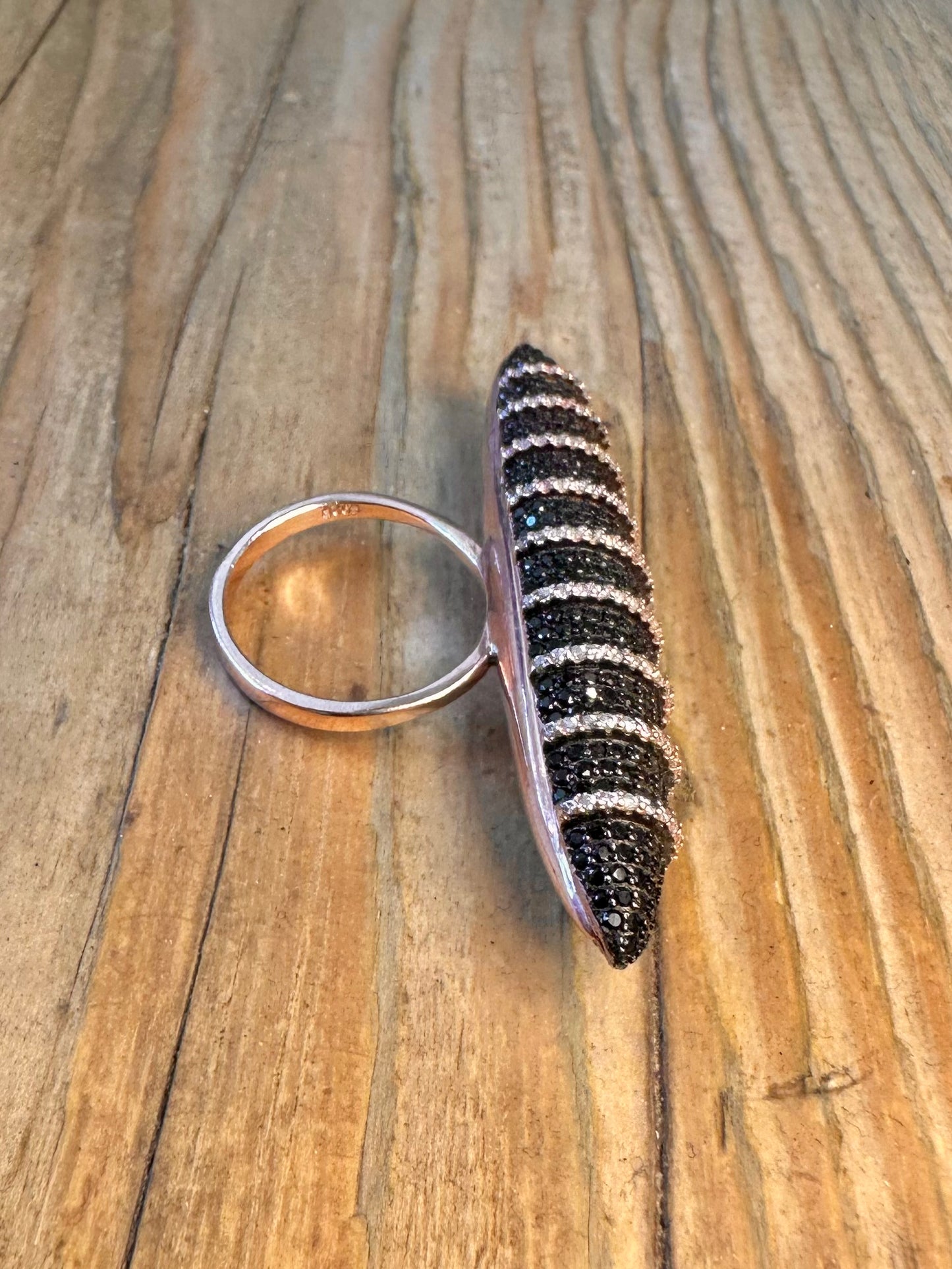 Large Long Black Stones Pointed Rose Gold Colour on 925 Sterling Silver Size M1/2 Ring