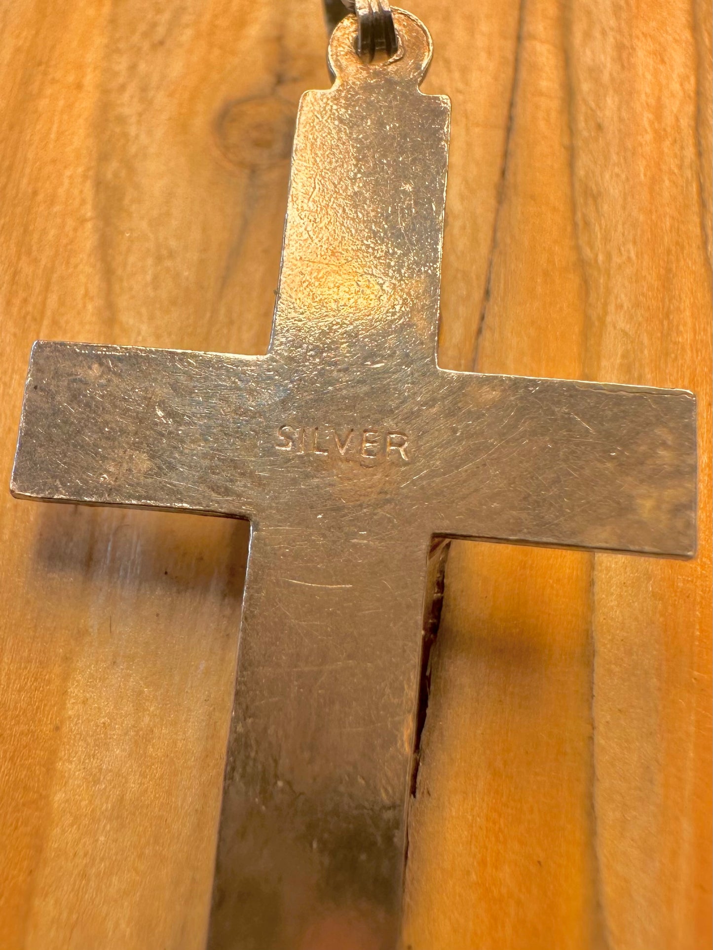 Vintage Engraved Cross Blue Opal 925 Sterling Silver Pendant