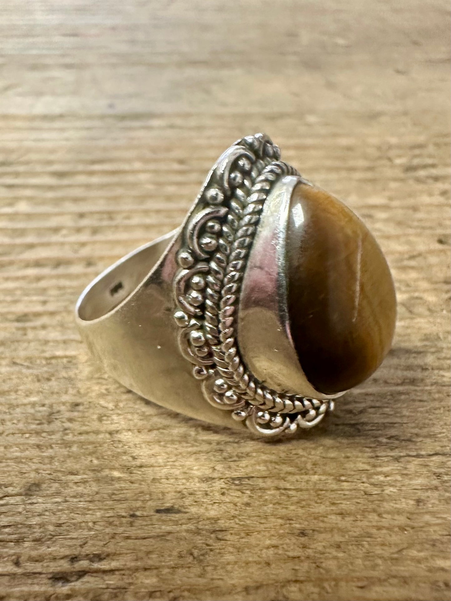 Vintage Tribal Tigers Eye 925 Silver Size N Ring