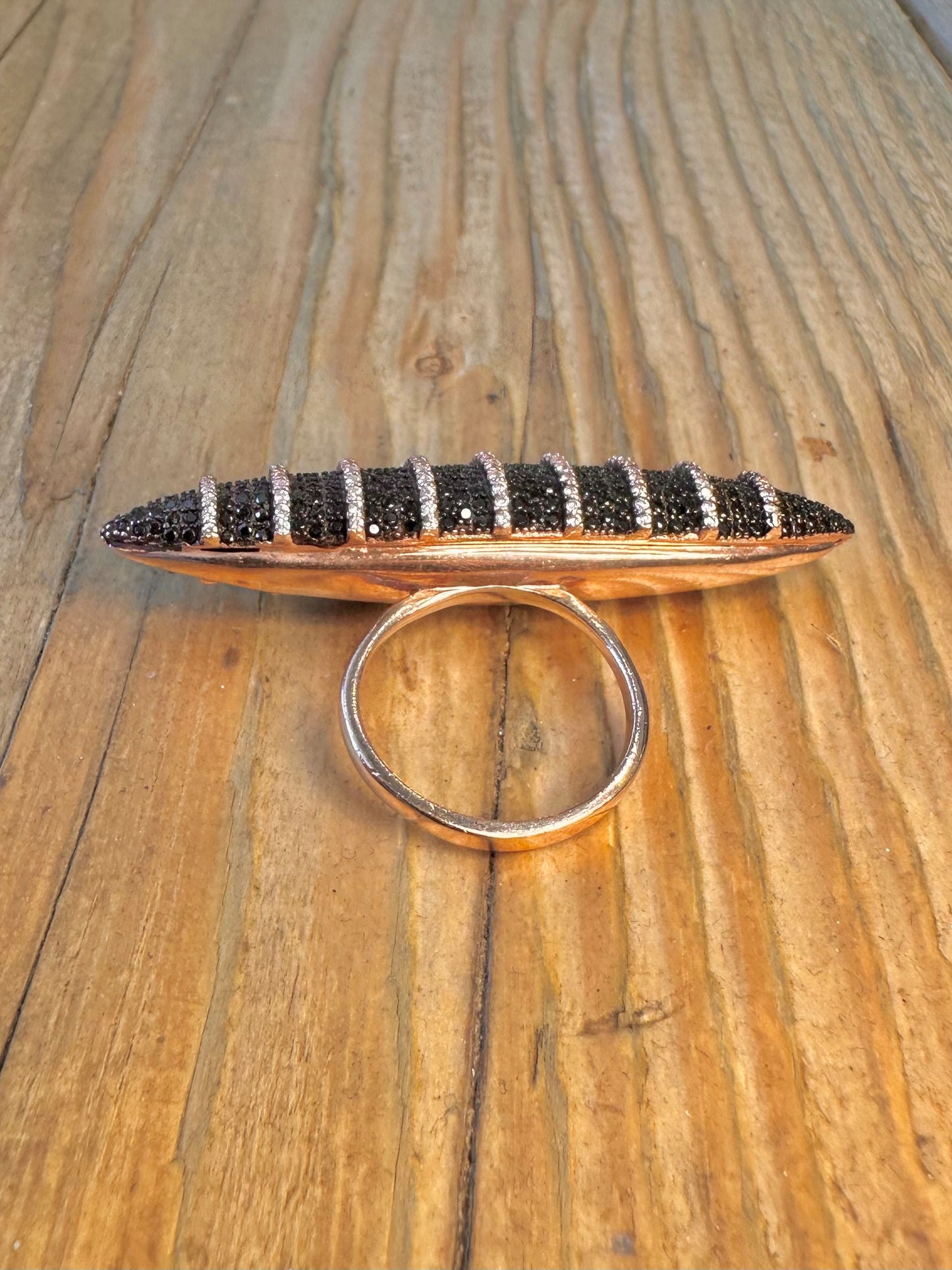 Large Long Black Stones Pointed Rose Gold Colour on 925 Sterling Silver Size M1/2 Ring