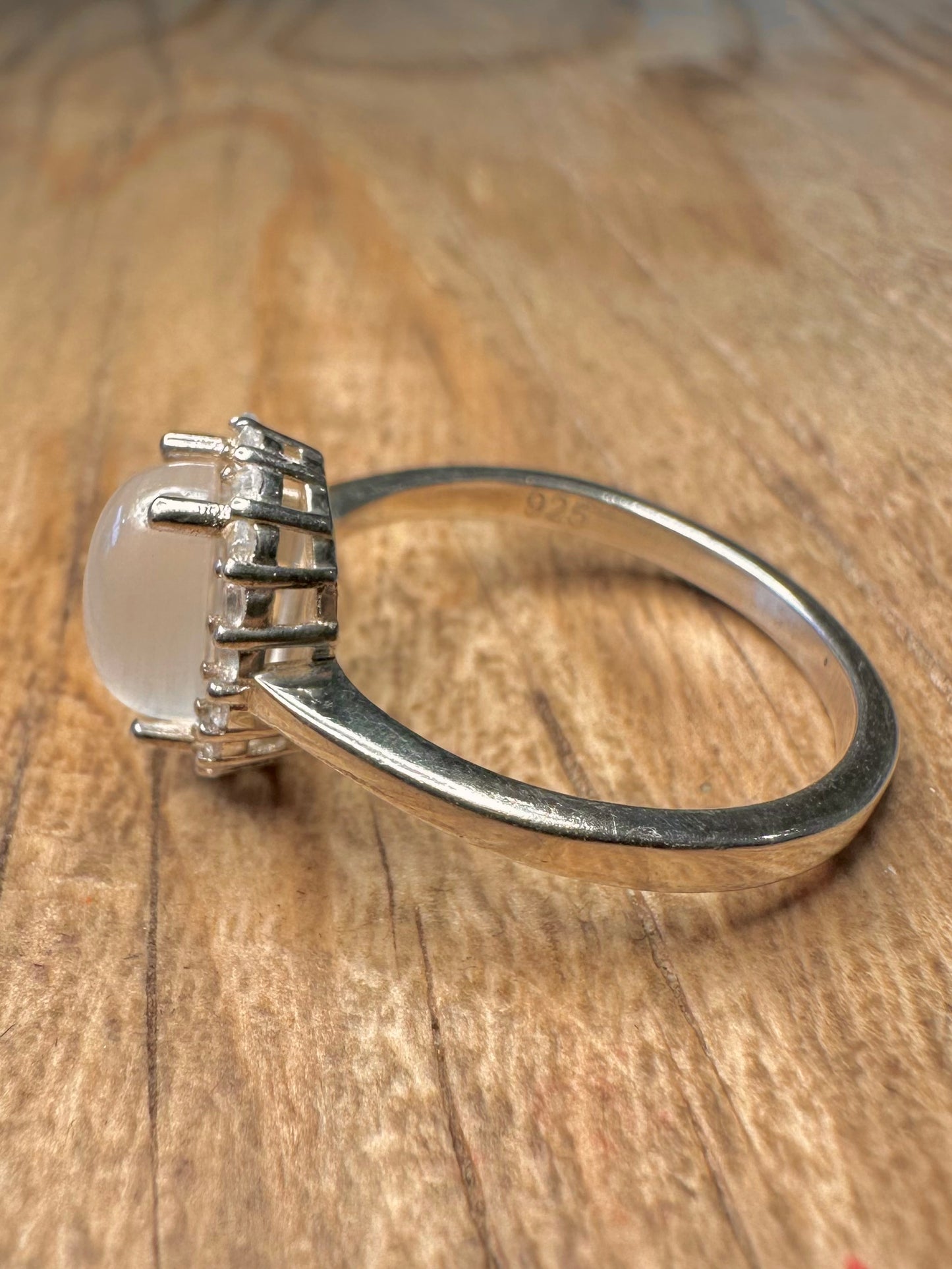 Vintage Moonstone and White CZ 925 Sterling Silver Size S Ring