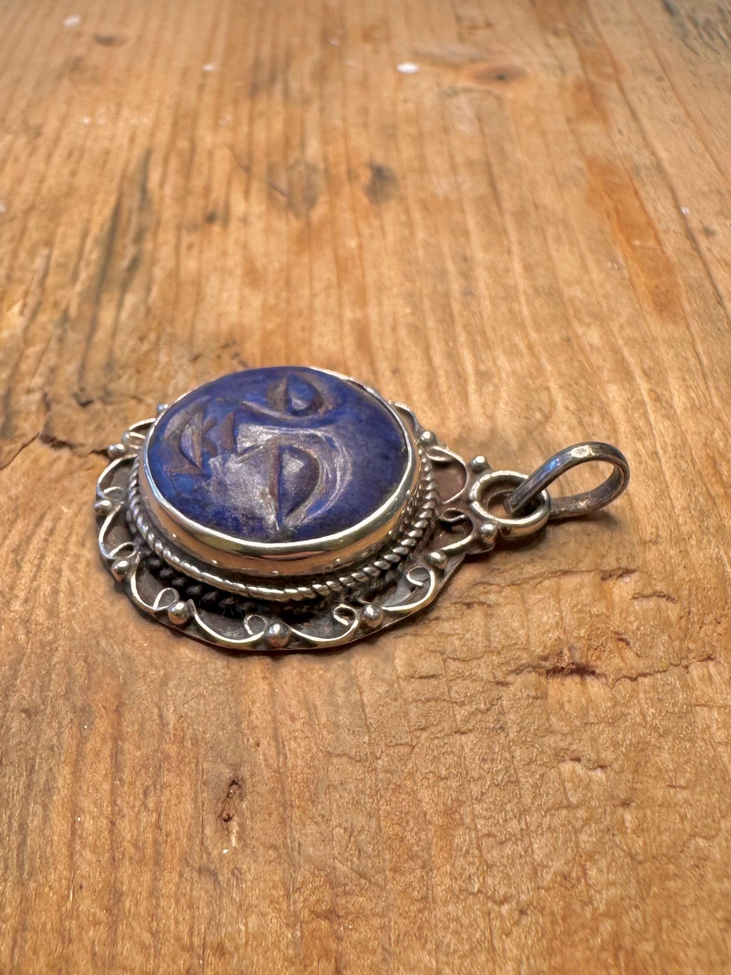 Lapis Lazuli Moon Face Ornate 925 Sterling Silver Pendant