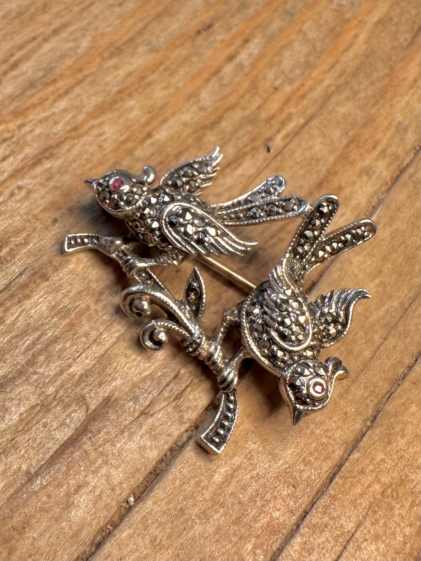 Vintage Two Bird and Branch Marcasite and Red Stone 925 Sterling Silver Brooch