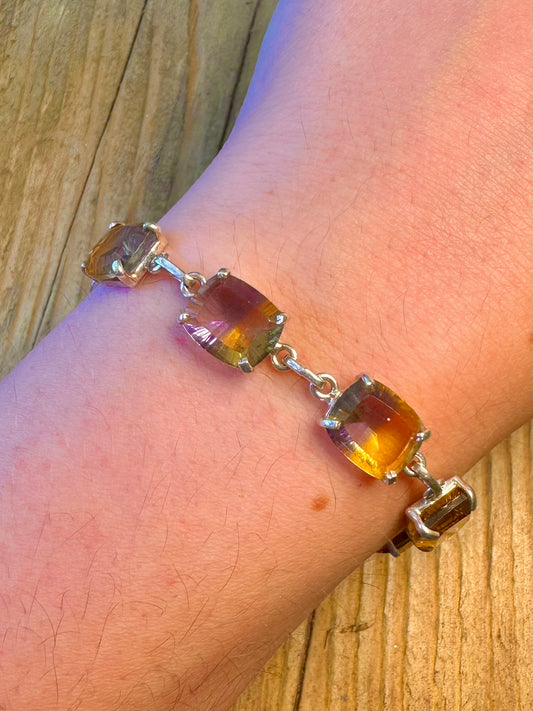 Yellow and Purple Stone T Bar Clasp 925 Sterling Silver Bracelet