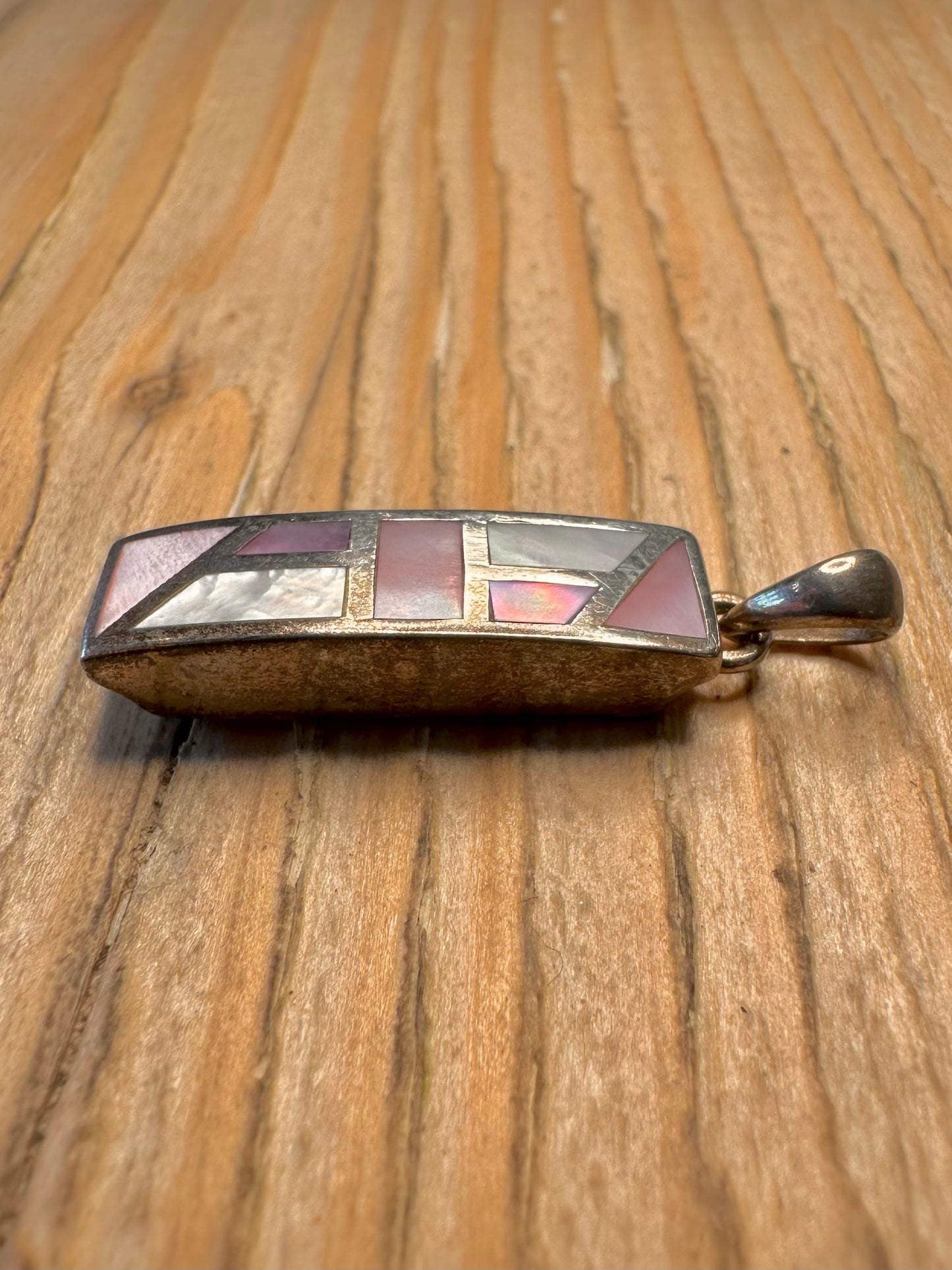 Modernist Pink Mother of Pearl Rectangle 925 Sterling Silver Pendant