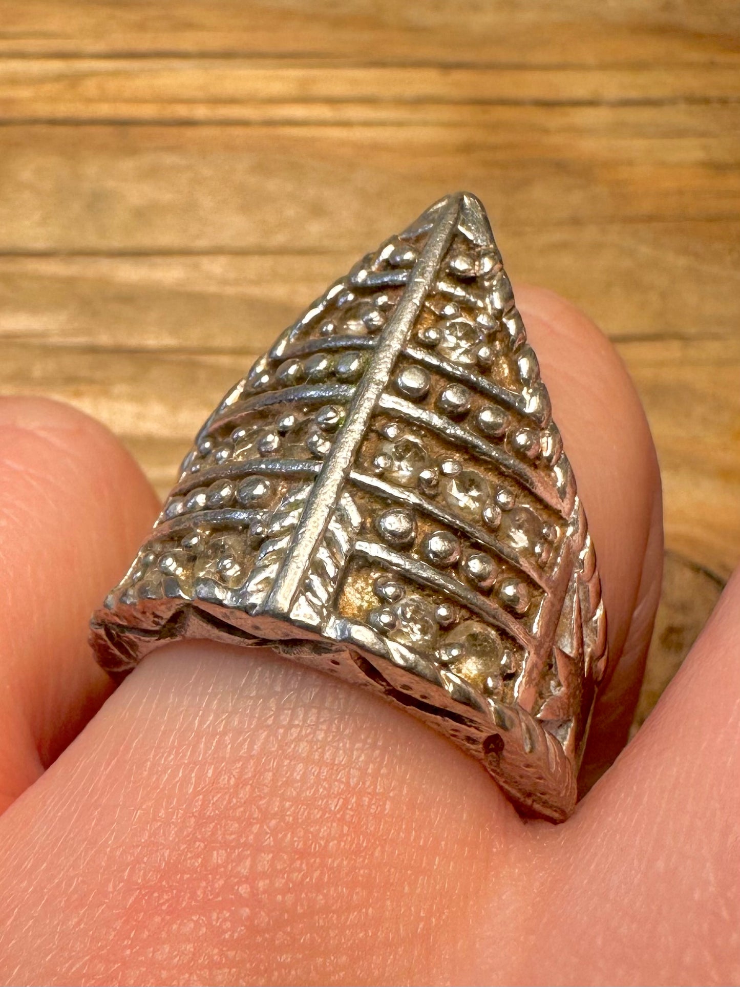 Vintage Tribal Triangle White Stones 925 Sterling Silver Size P1/2 Ring