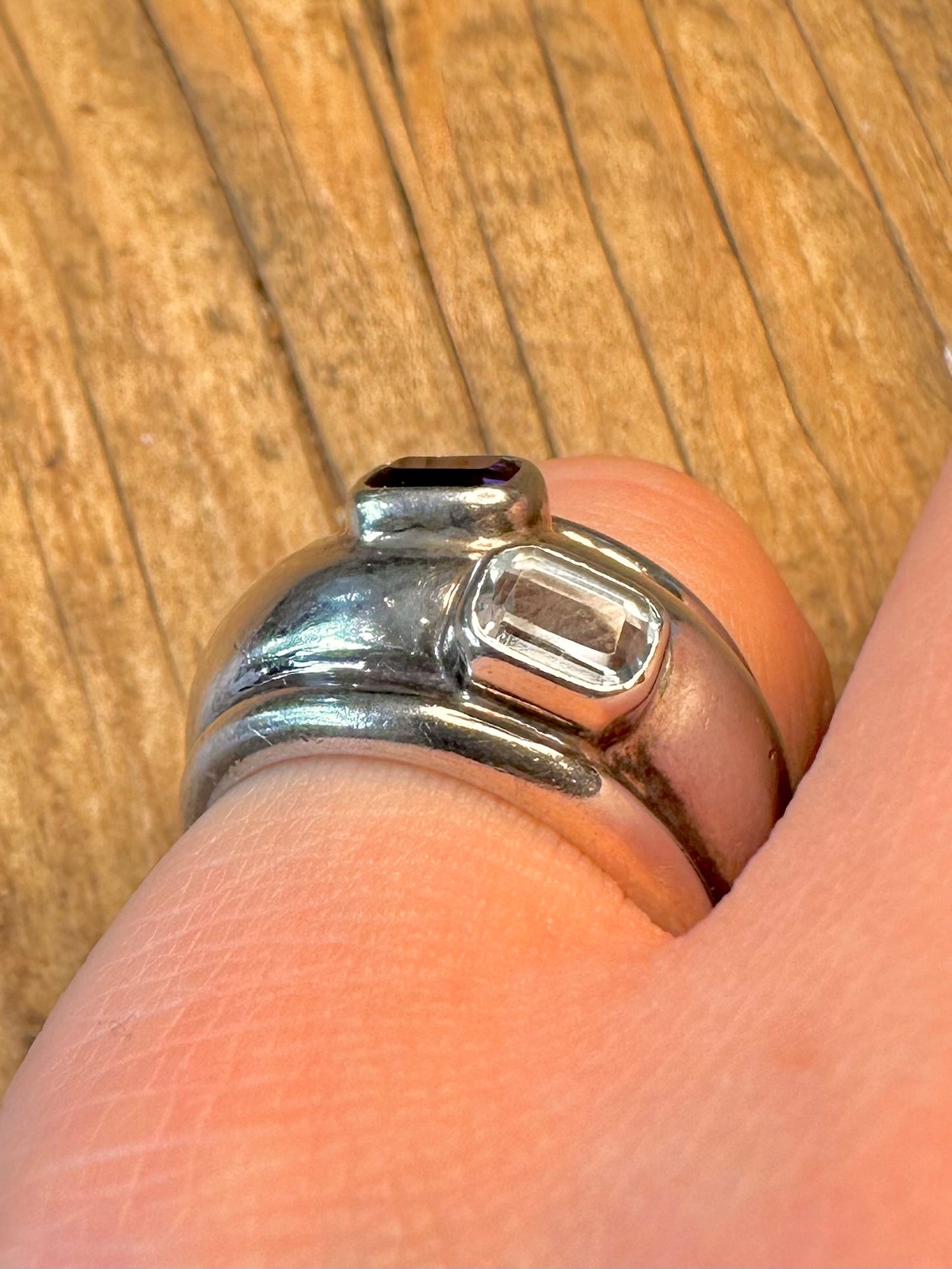 Amethyst and Blue Topaz Chunky Dome 925 Sterling Silver Size N Ring