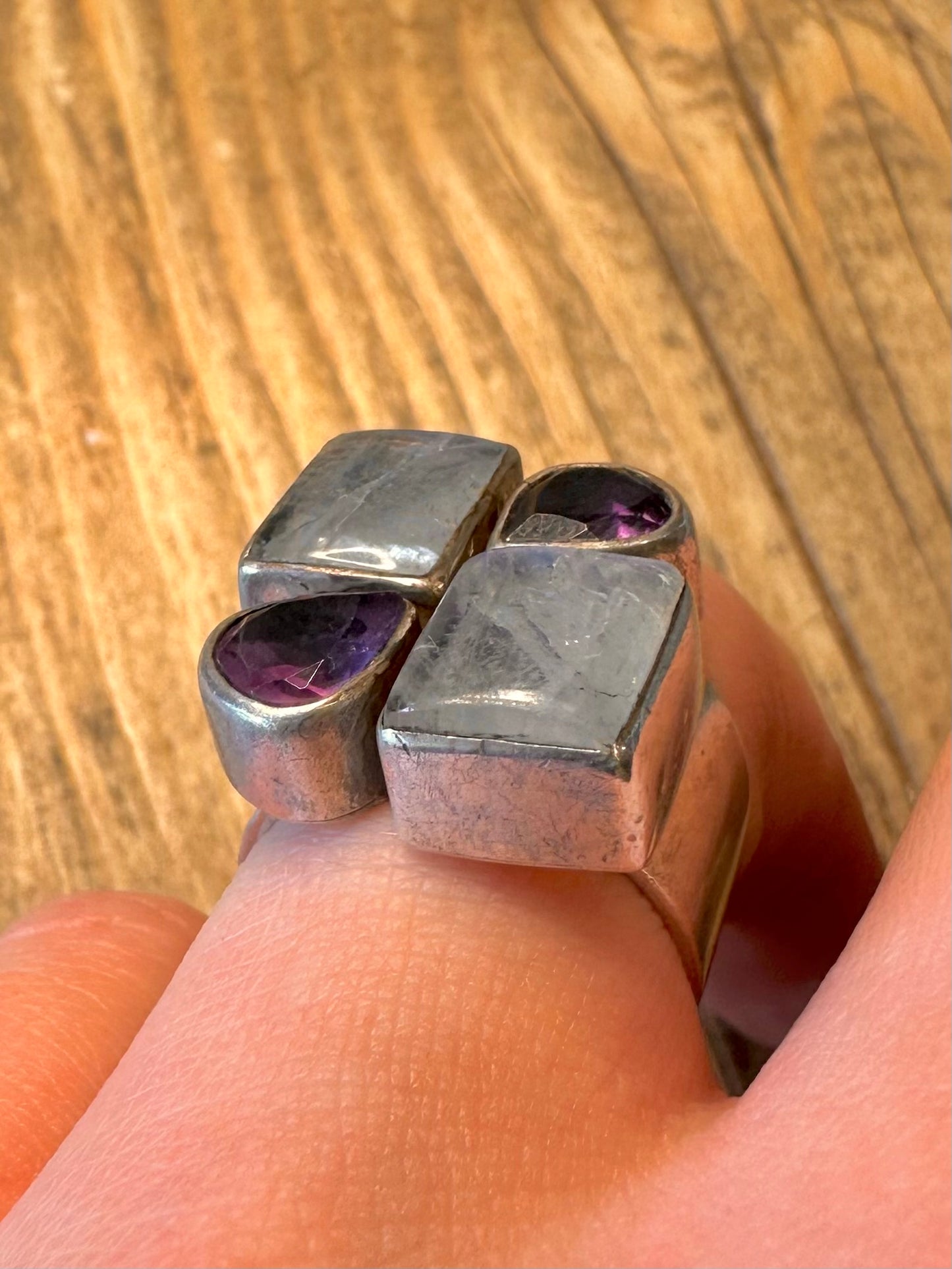 Chunky Moonstone and Amethyst 925 Sterling Silver Size P Ring