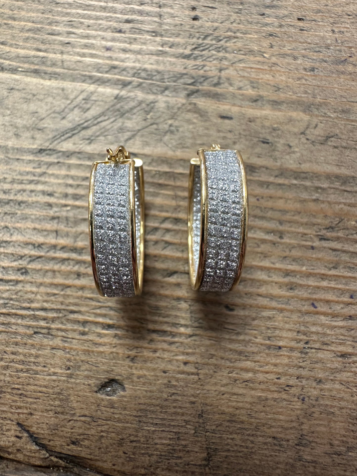 Modernist CZ Stones Gold on 925 Silver Hoop Earrings