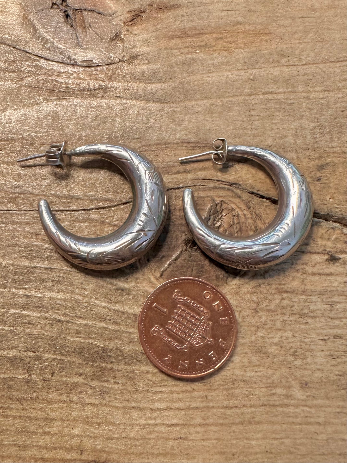 Vintage Chunky Engraved 925 Silver Half Hoop Earrings