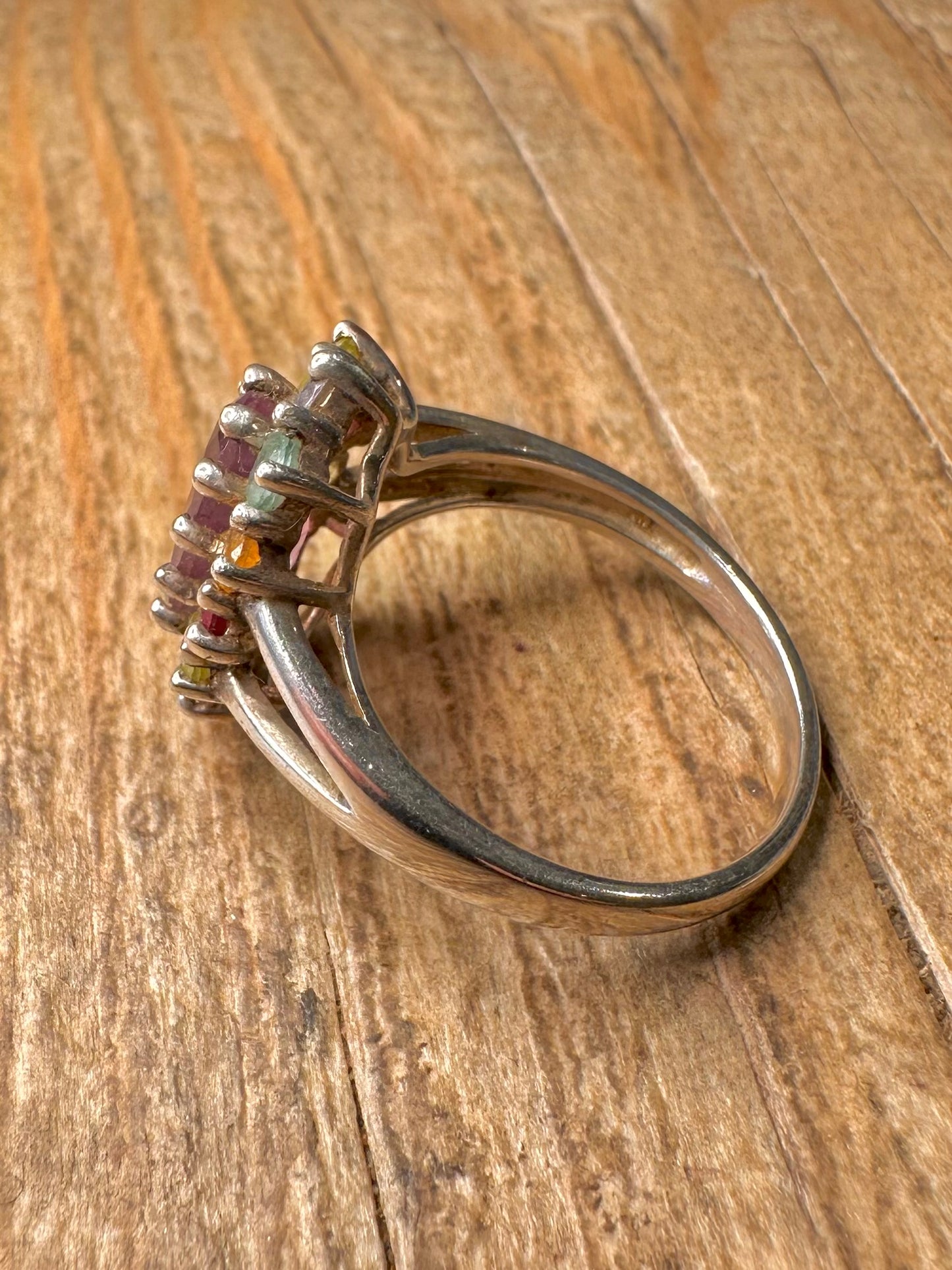 Vintage Multi Gemstone Cluster 925 Sterling Silver Size S Ring
