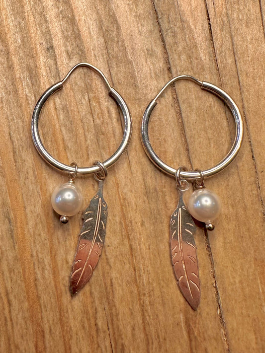 Modern Hoops Leaf Pearl 925 Sterling Silver Earrings