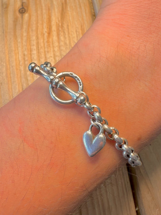 Vintage Belcher Chain T Bar Clasp Heart 925 Silver Hallmarked 7.5 inch Bracelet