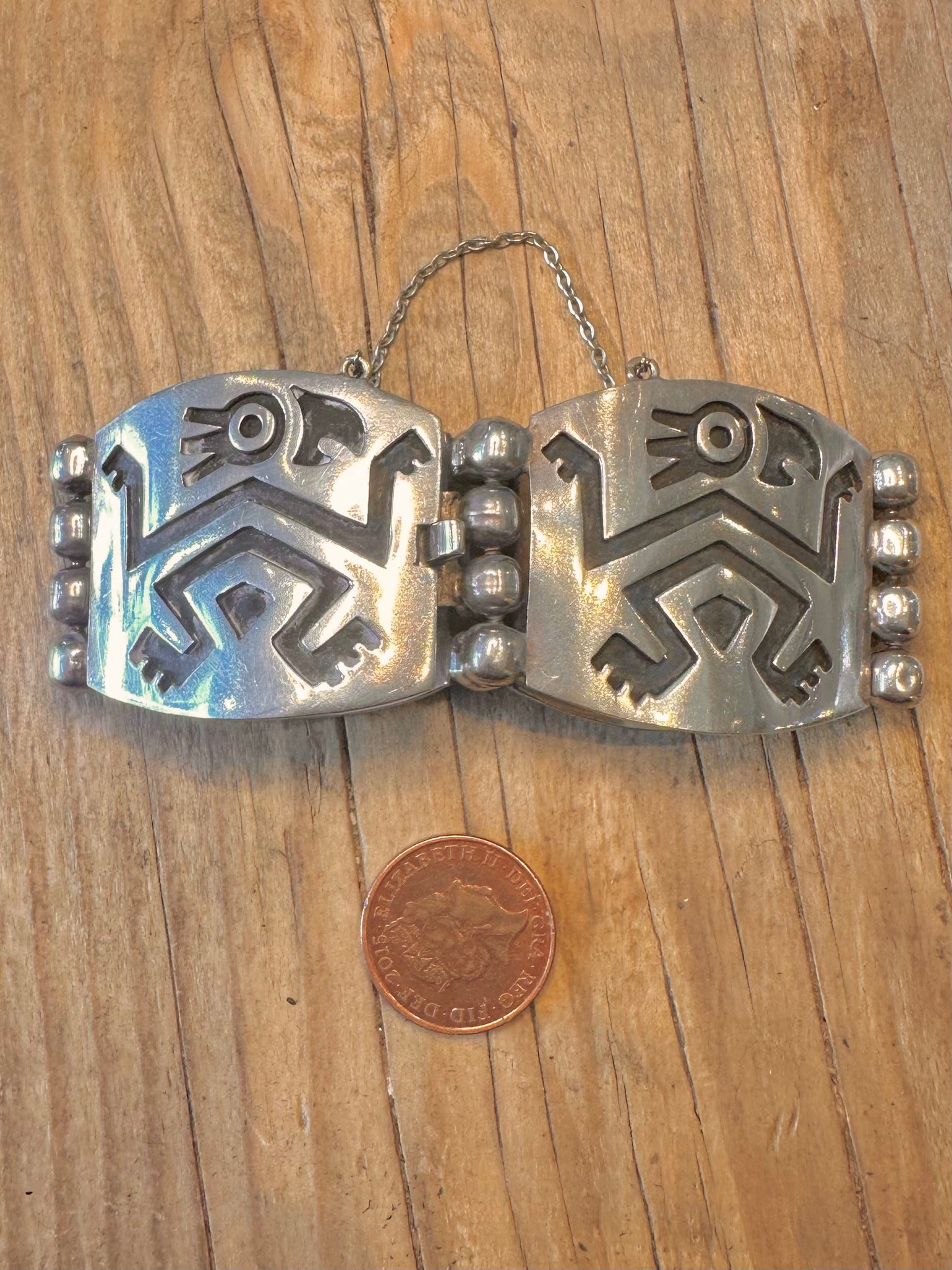 Vintage Mexican Tribal Figure Hinged with Safety Chain 925 Sterling Silver Bracelet