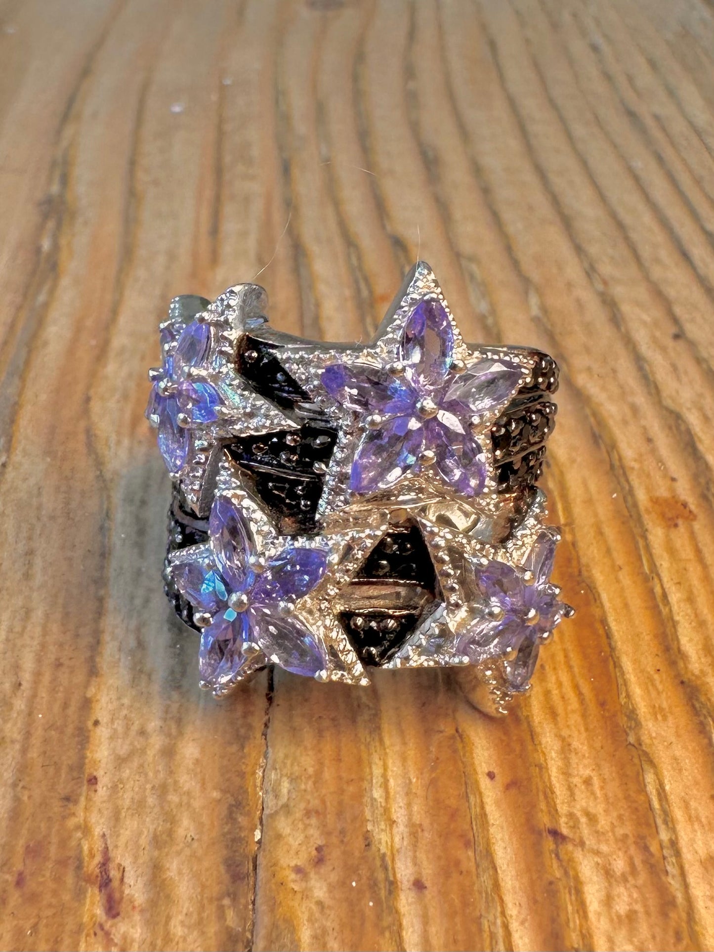 Star Tanzanite and Black Spinel Stones 925 Sterling Silver Size N Ring